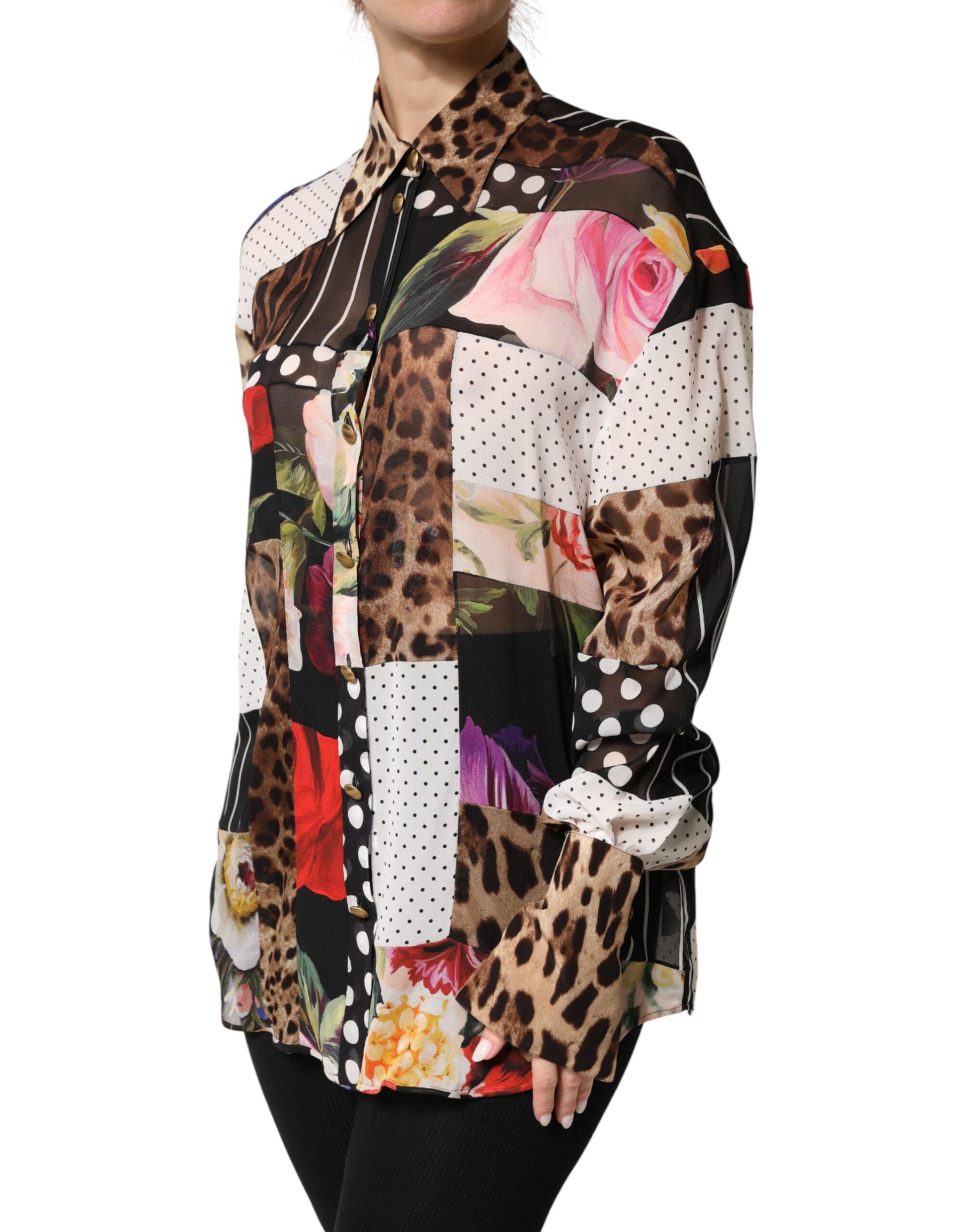 Dolce & Gabbana Multicolor Patchwork Silk CollaredBlouse Top | Regal Royce