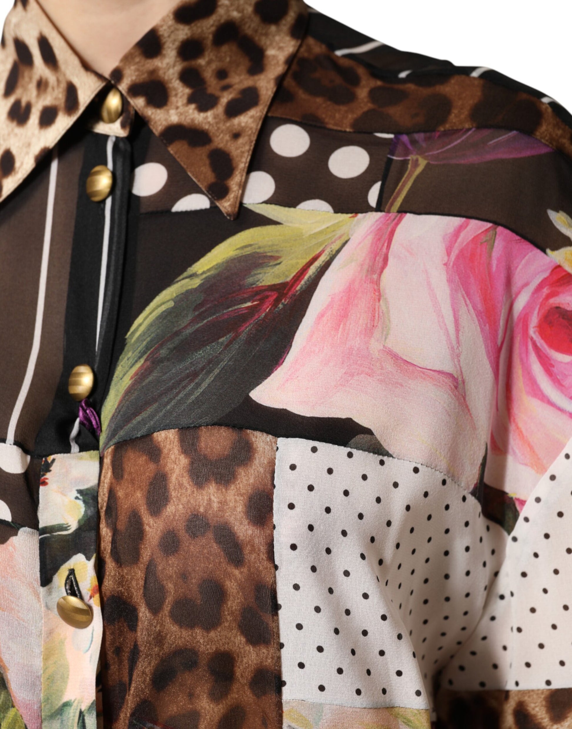 Dolce & Gabbana Multicolor Patchwork Silk CollaredBlouse Top | Regal Royce