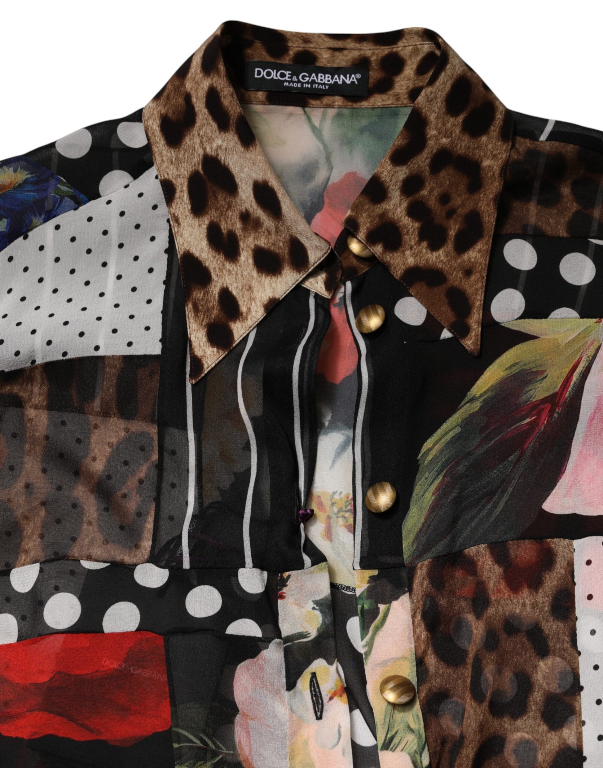 Dolce & Gabbana Multicolor Patchwork Silk CollaredBlouse Top | Regal Royce