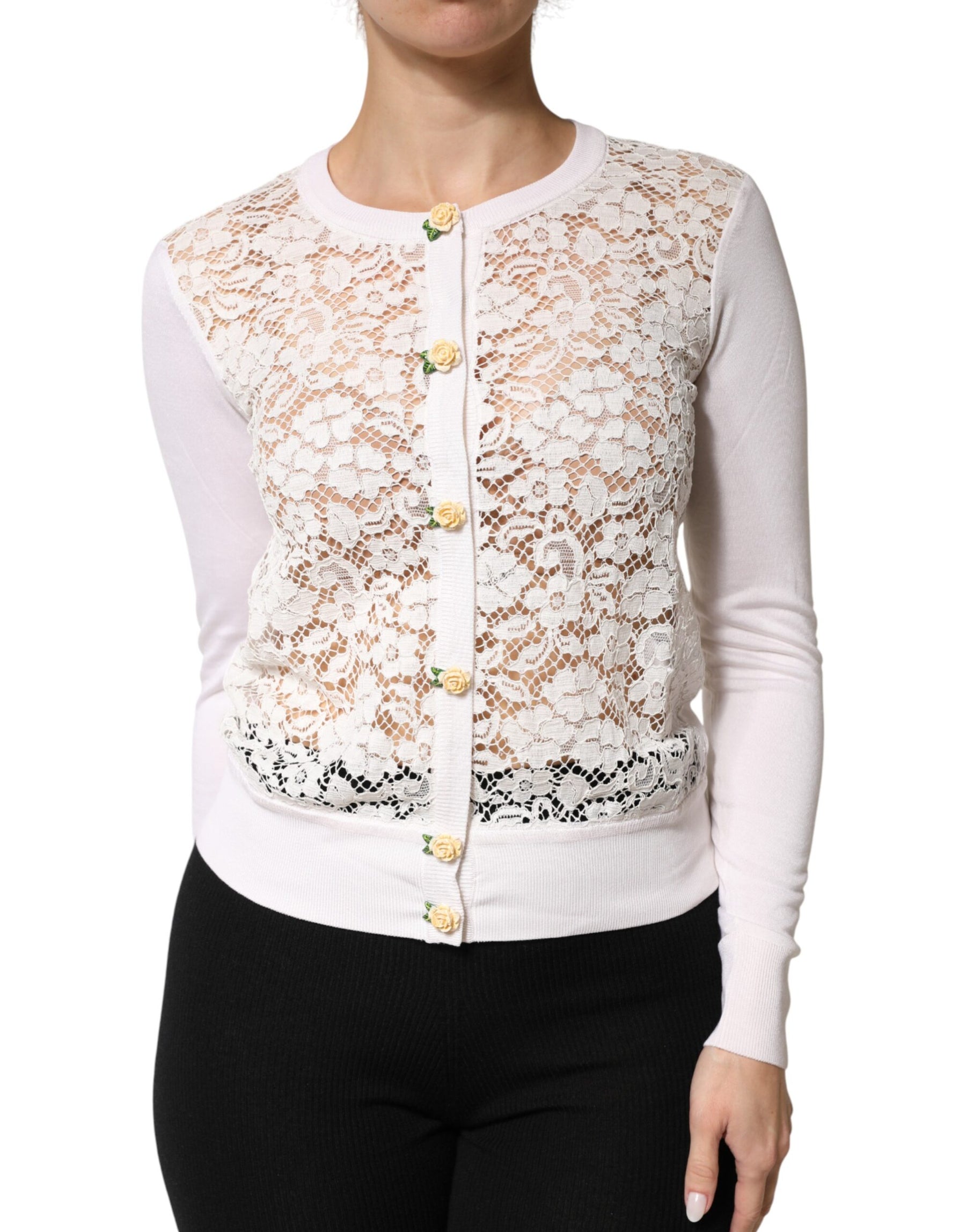 Dolce & Gabbana Cream Lace Knit Rose Button Cardigan Sweater | Regal Royce