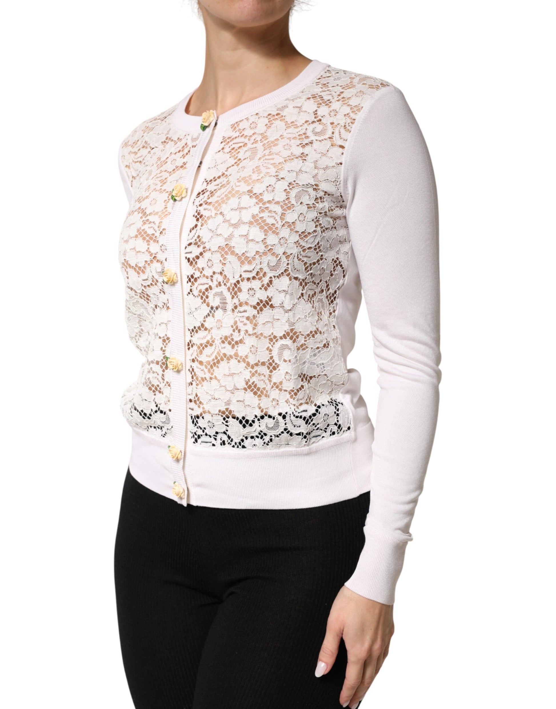 Dolce & Gabbana Cream Lace Knit Rose Button Cardigan Sweater | Regal Royce