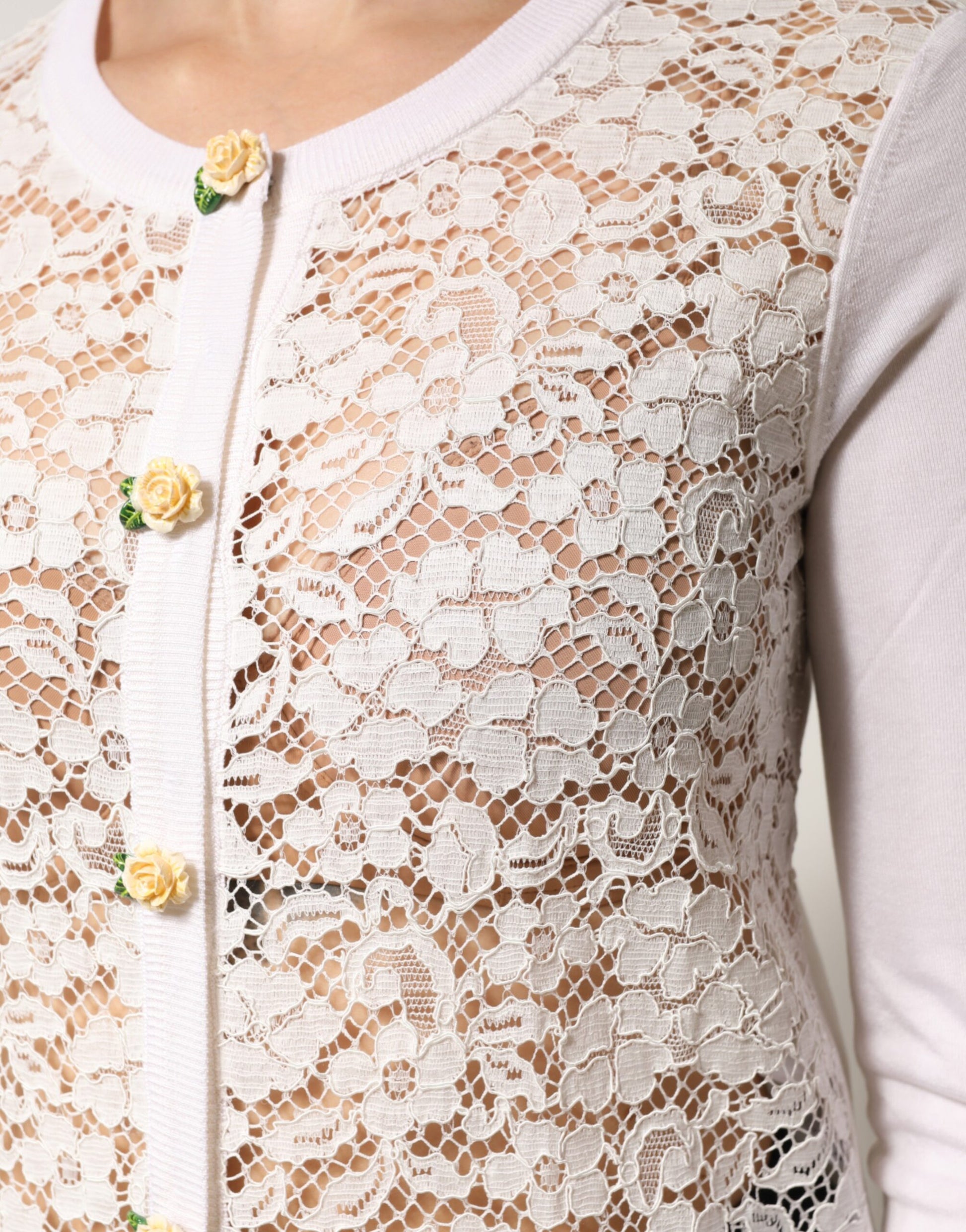 Dolce & Gabbana Cream Lace Knit Rose Button Cardigan Sweater | Regal Royce