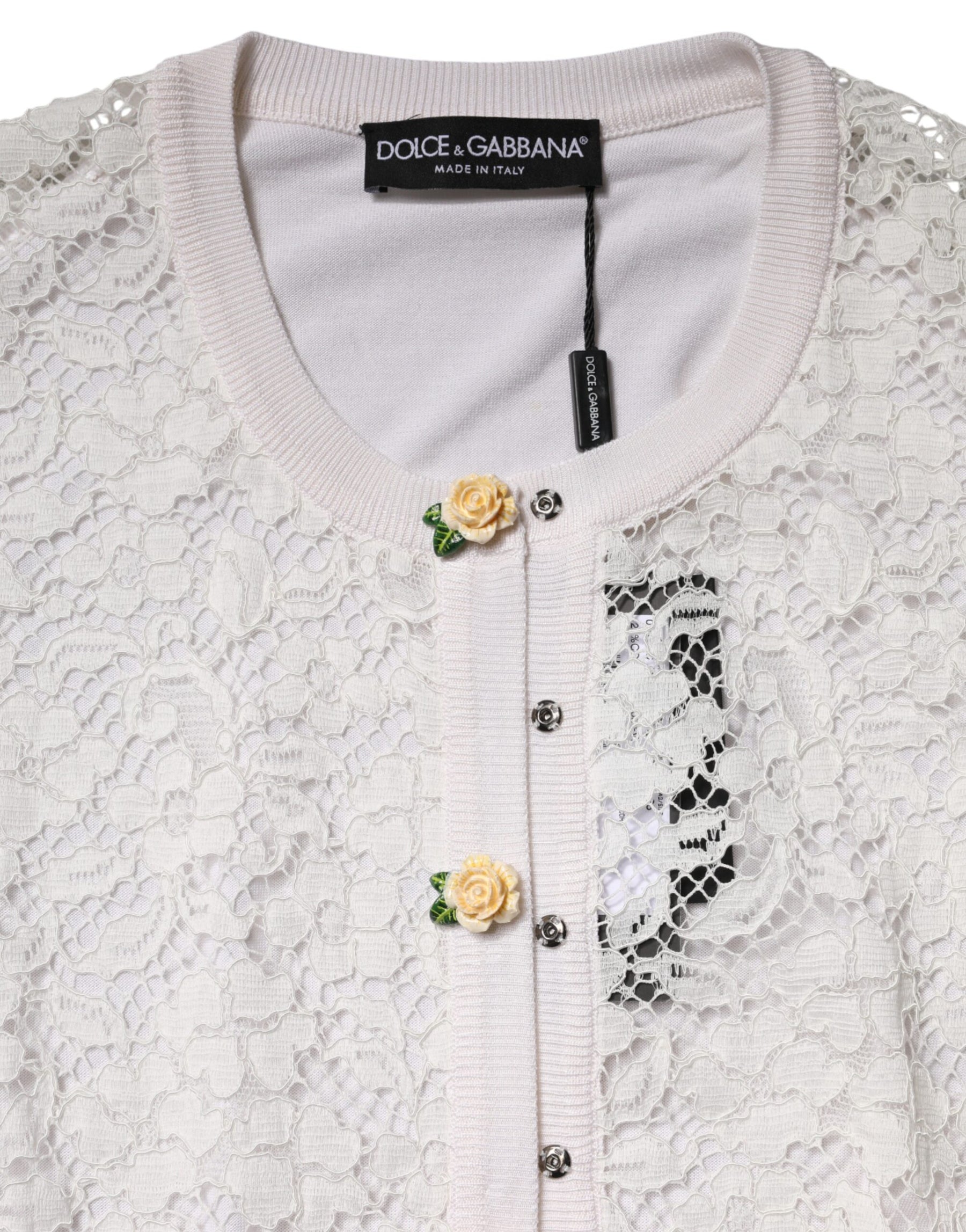 Dolce & Gabbana Cream Lace Knit Rose Button Cardigan Sweater | Regal Royce