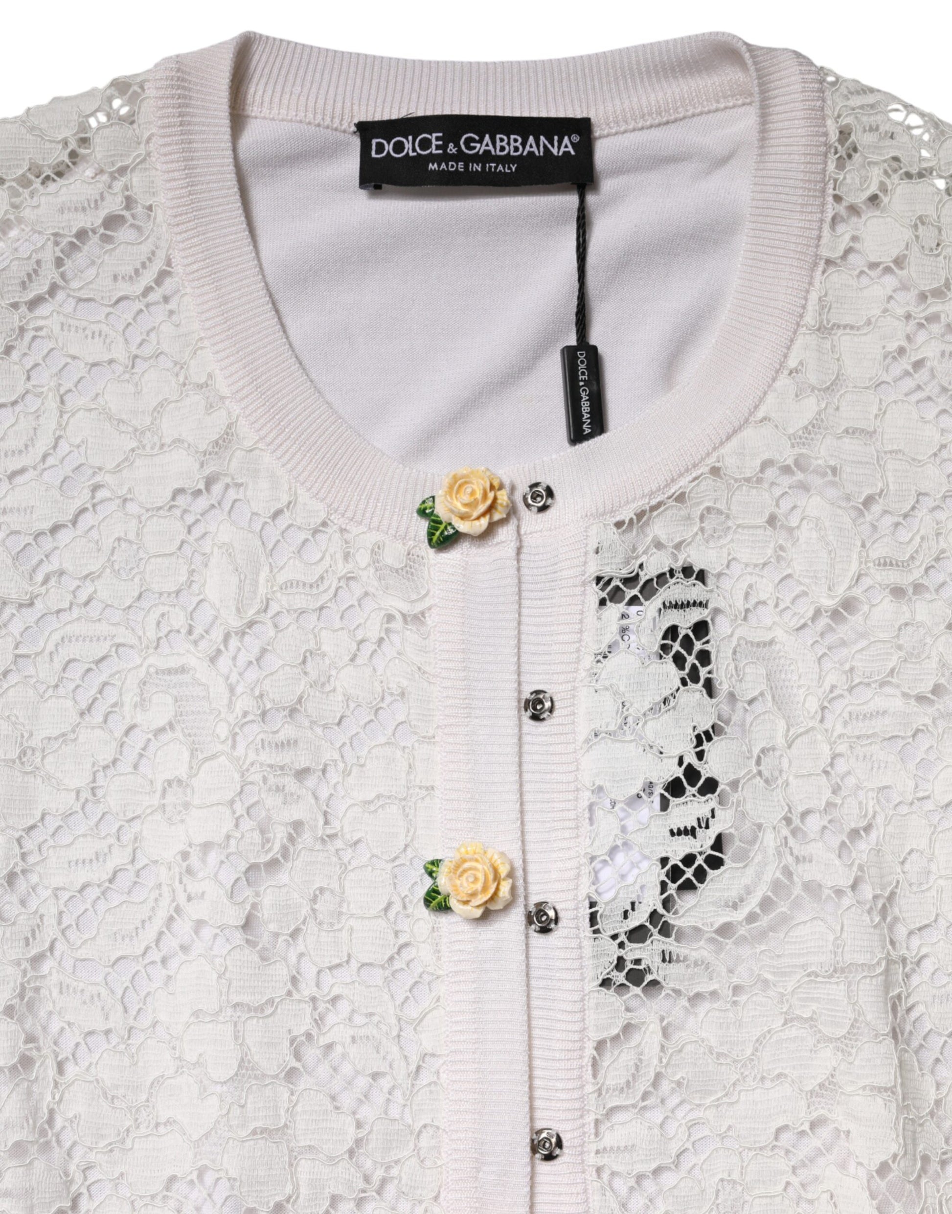 Dolce & Gabbana Cream Lace Knit Rose Button Cardigan Sweater | Regal Royce