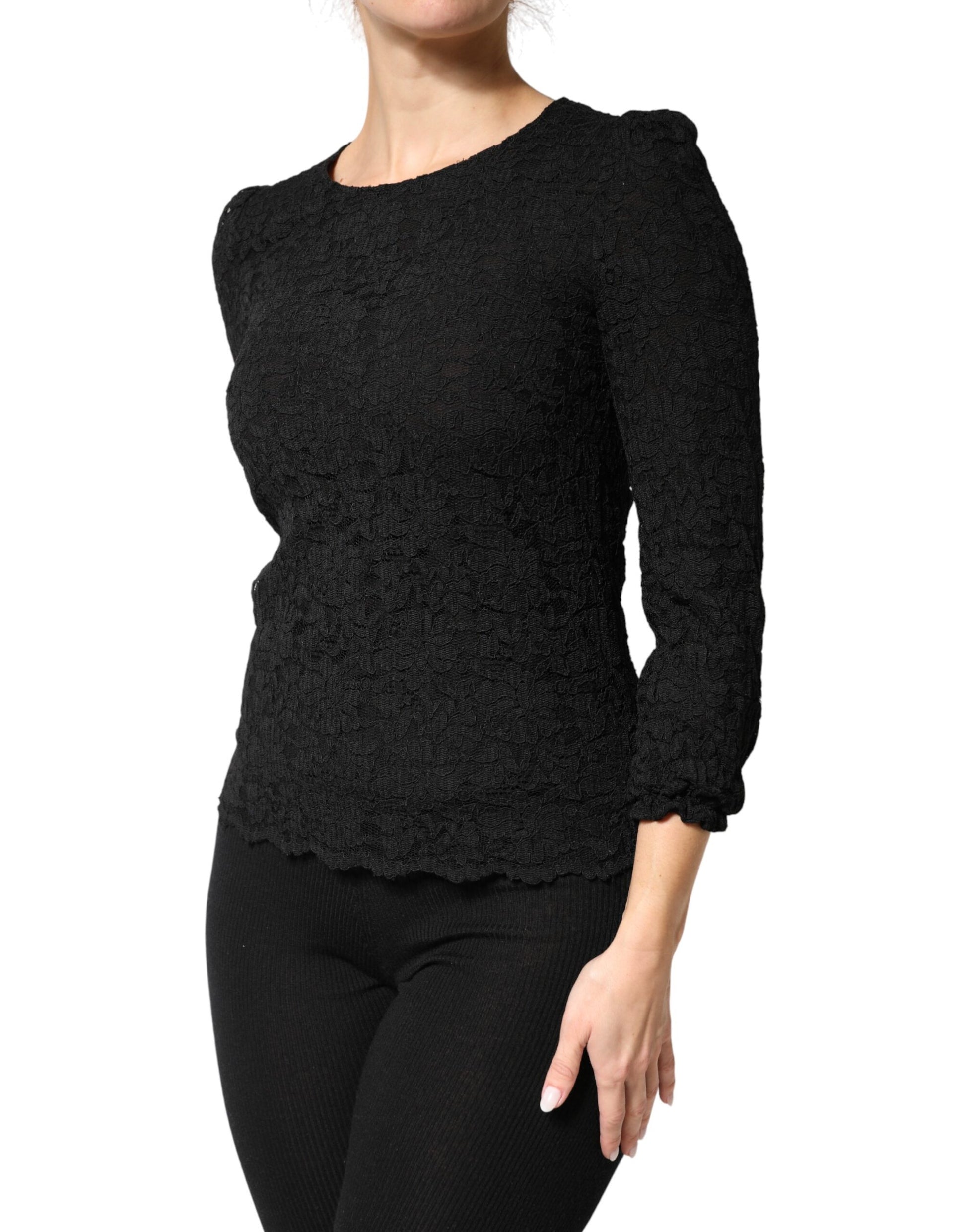Dolce & Gabbana Black Floral Lace Silk Round Neck Blouse Top | Regal Royce