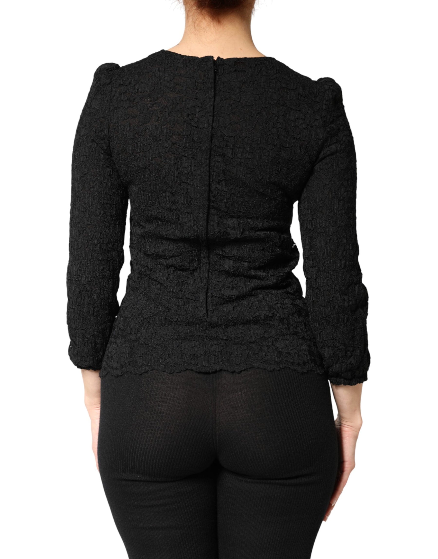 Dolce & Gabbana Black Floral Lace Silk Round Neck Blouse Top | Regal Royce