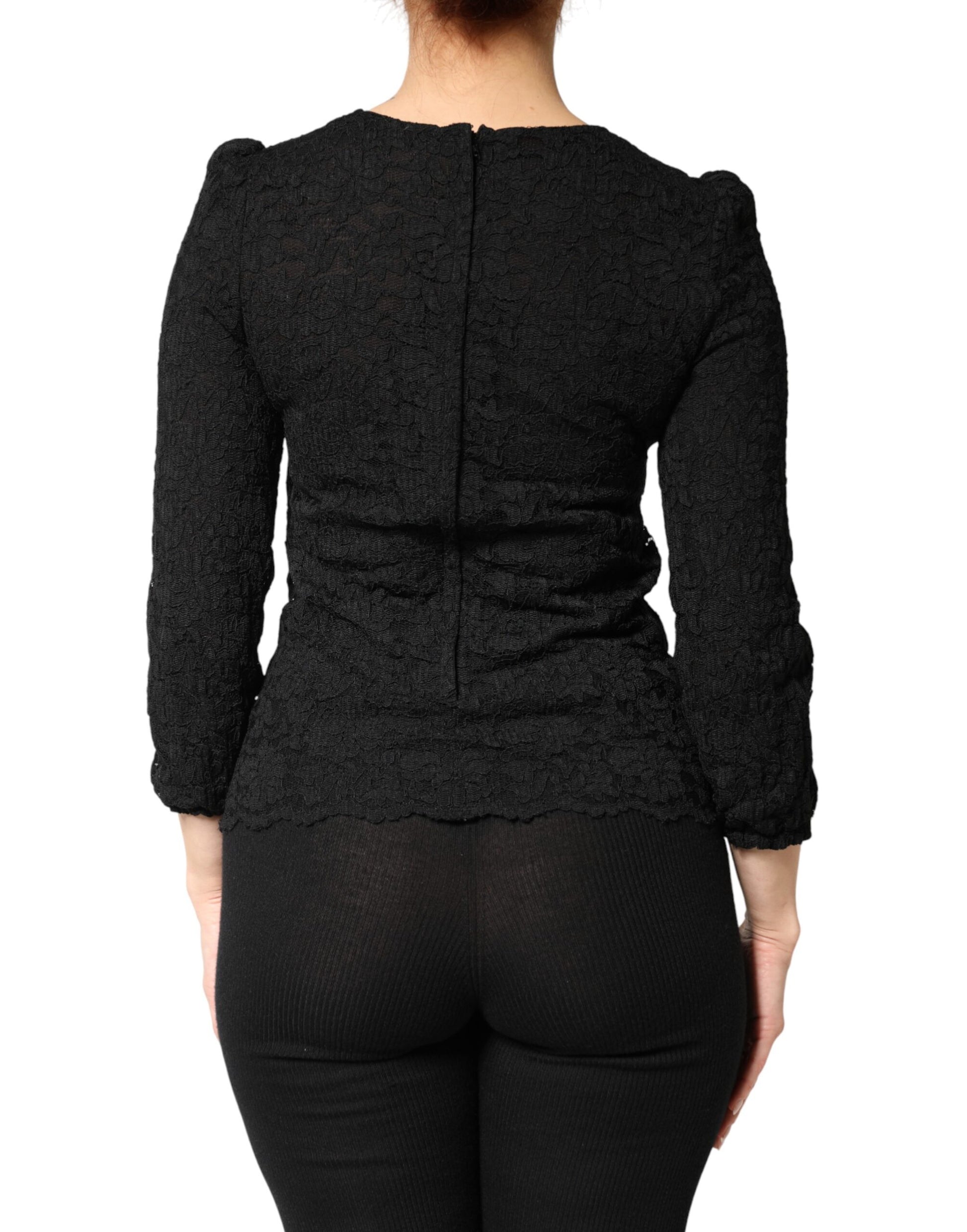 Dolce & Gabbana Black Floral Lace Silk Round Neck Blouse Top | Regal Royce