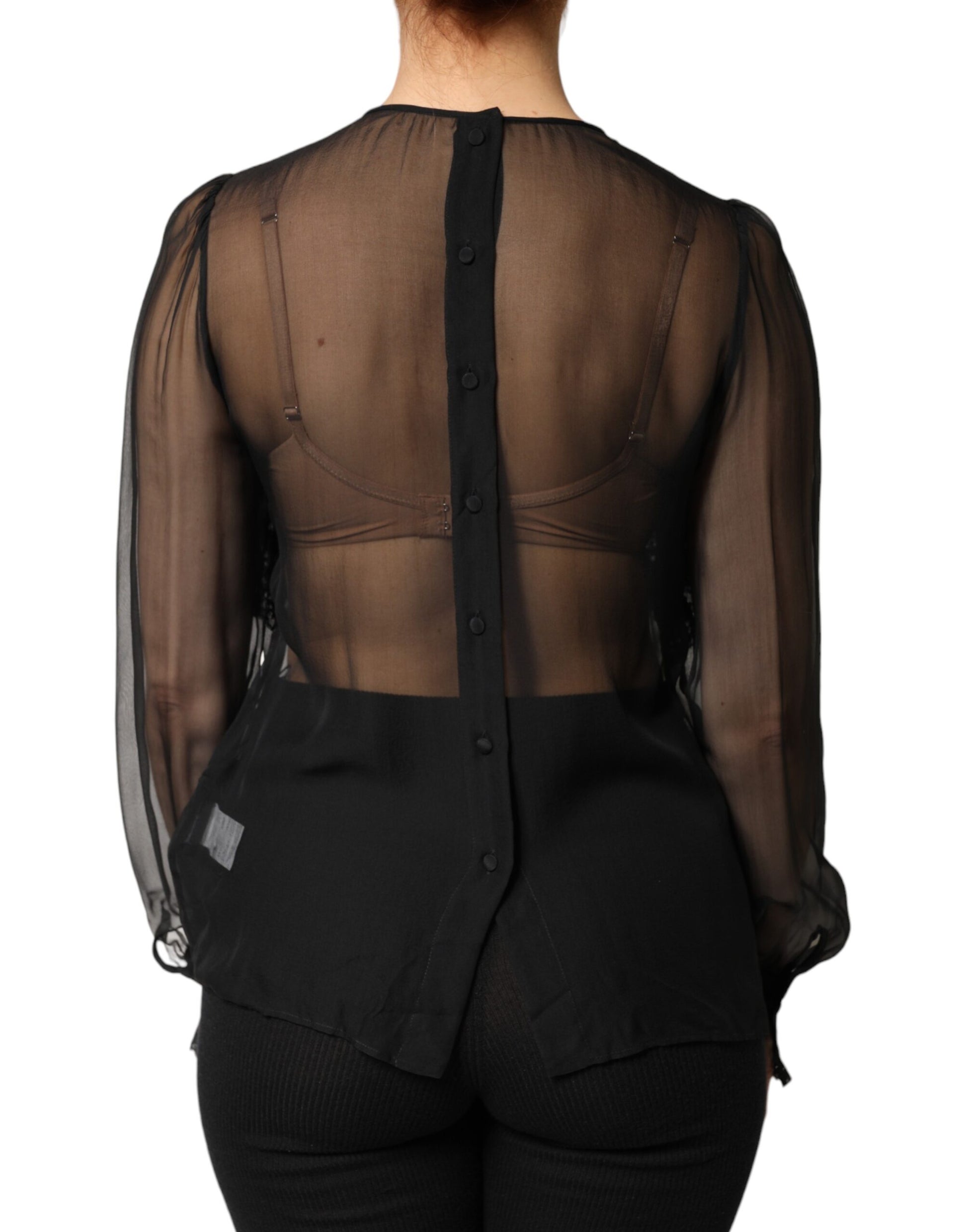 Dolce & Gabbana Black Silk Sheer Ruffle Tie-Neck Blouse Top | Regal Royce