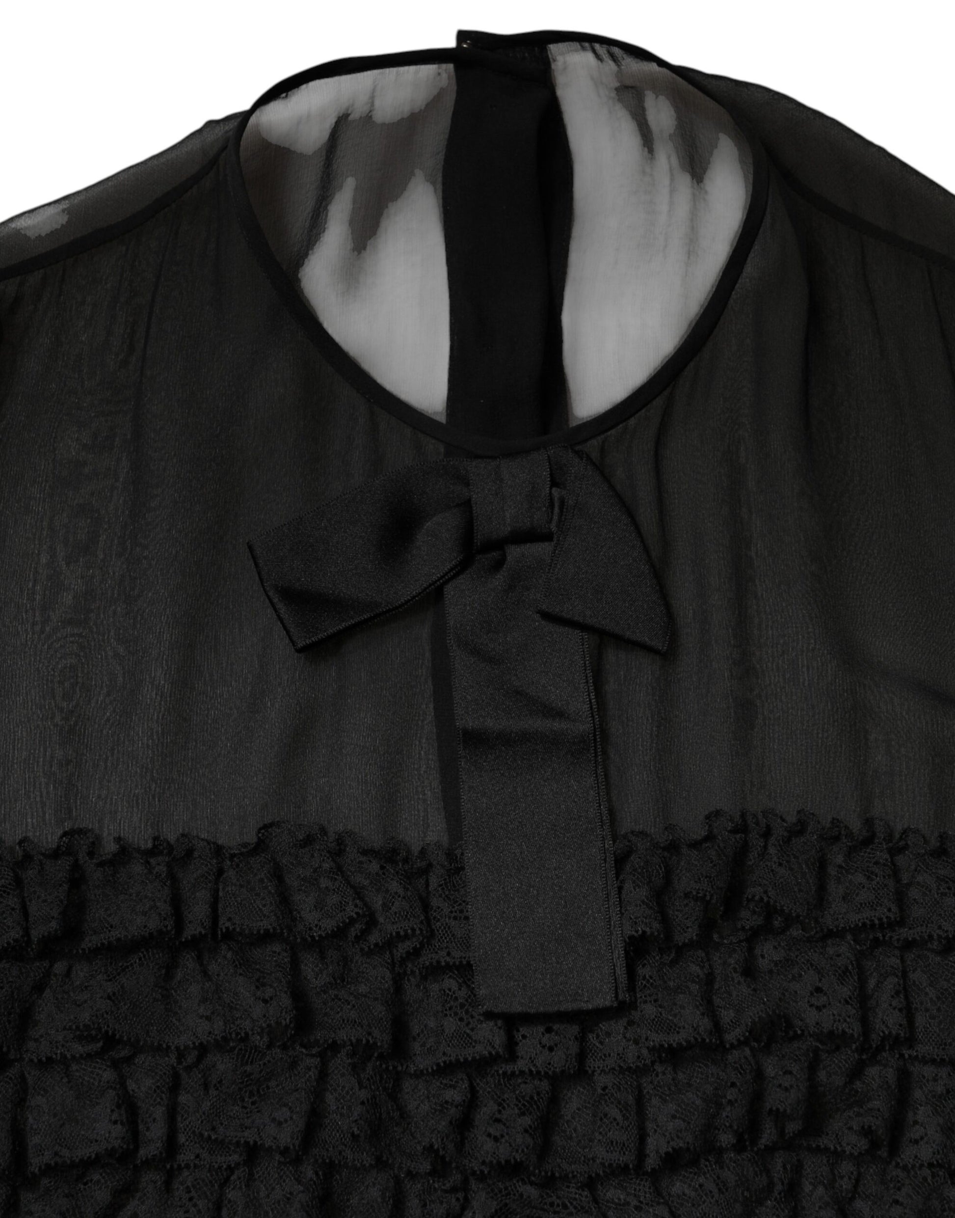 Dolce & Gabbana Black Silk Sheer Ruffle Tie-Neck Blouse Top | Regal Royce