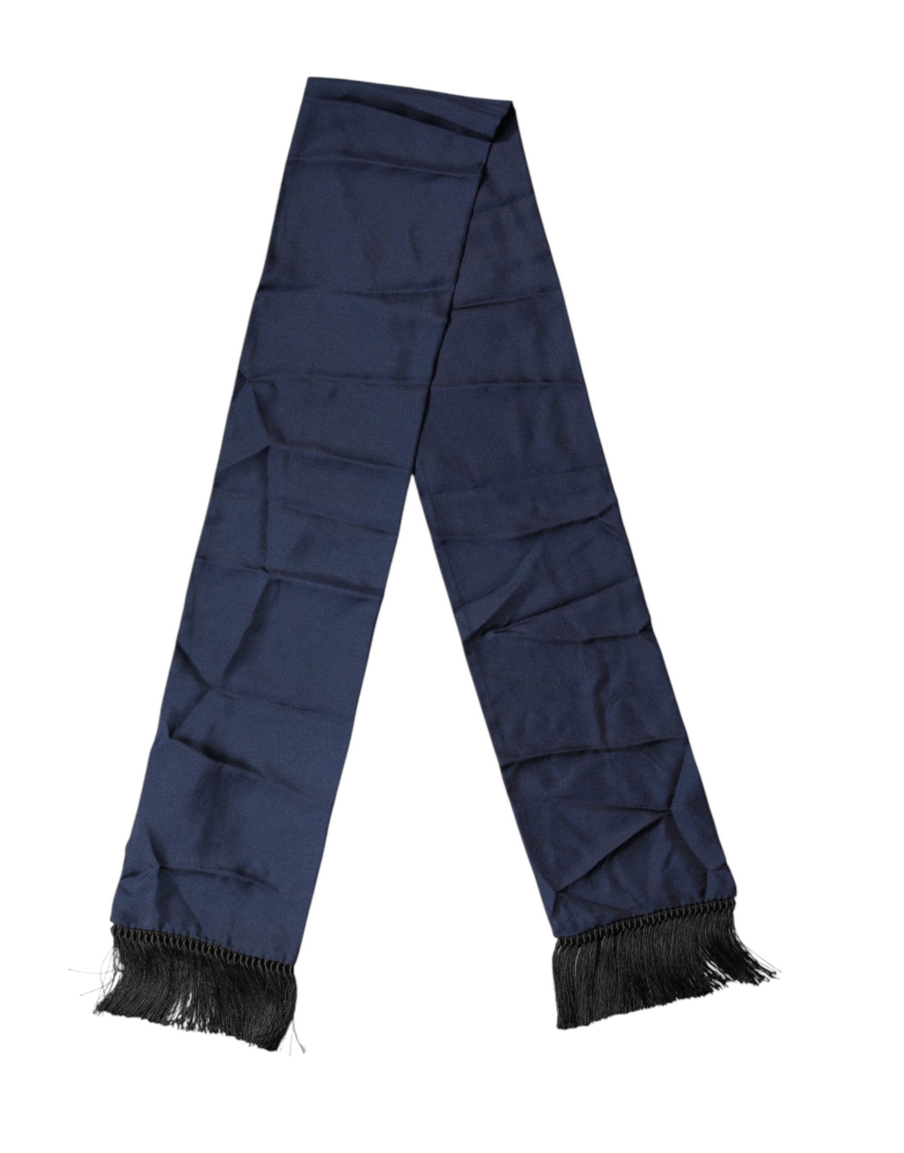Dolce & Gabbana Navy Blue Silk Fringes Neck Foulard Scarf | Regal Royce