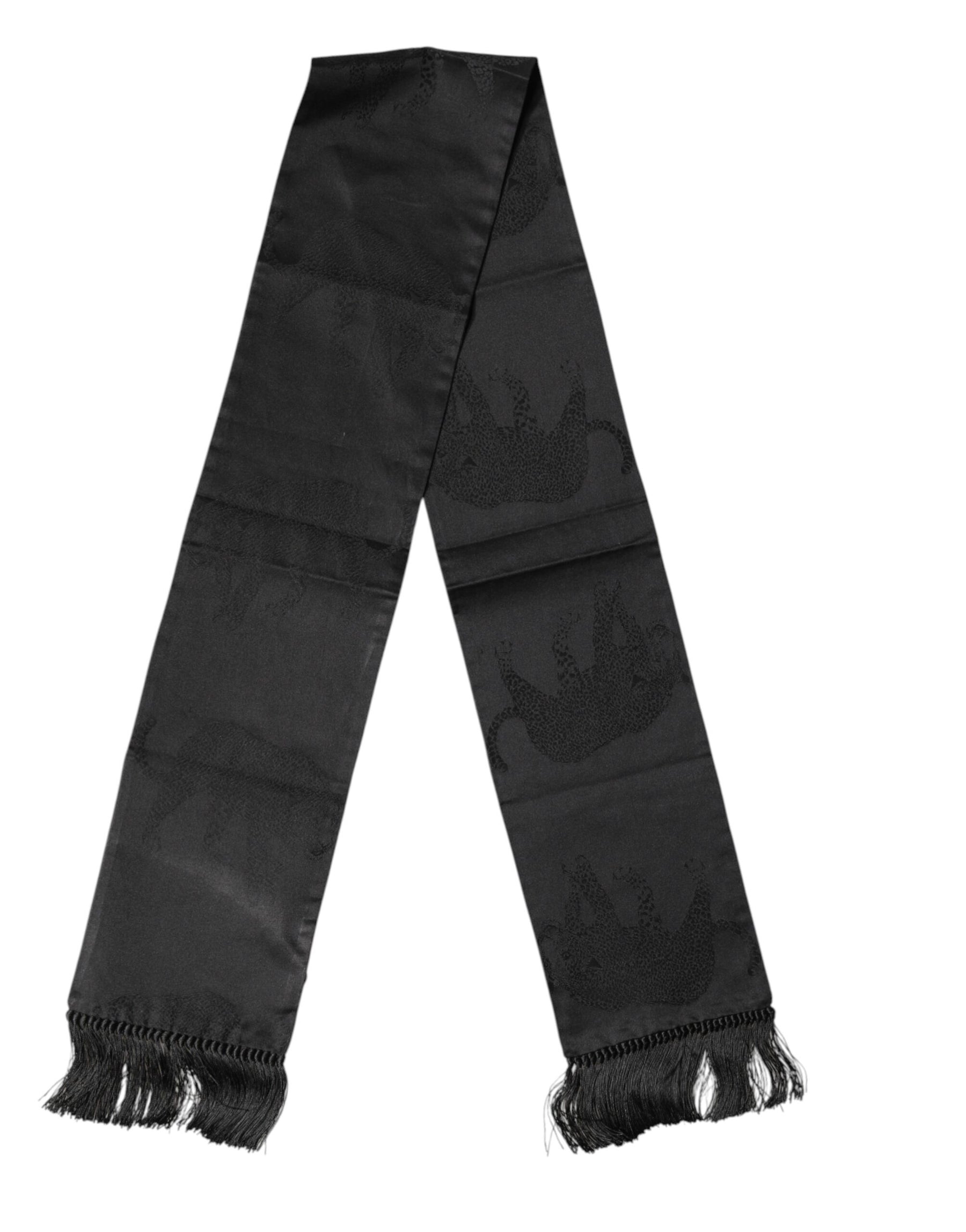 Dolce & Gabbana Black Satin Silk Fringes Neck Foulard Scarf | Regal Royce