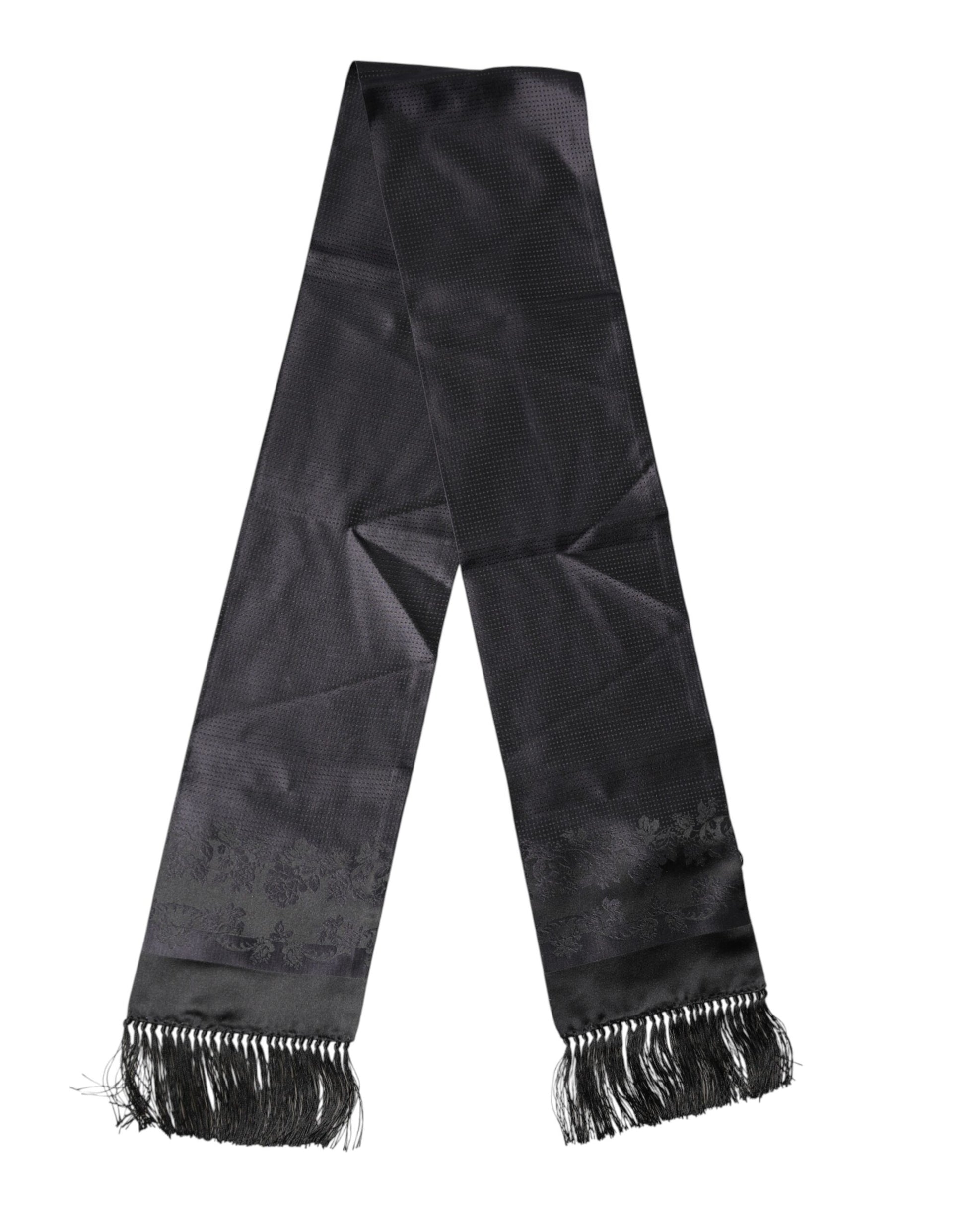 Dolce & Gabbana Black Satin Silk Fringes Neck Foulard Scarf | Regal Royce