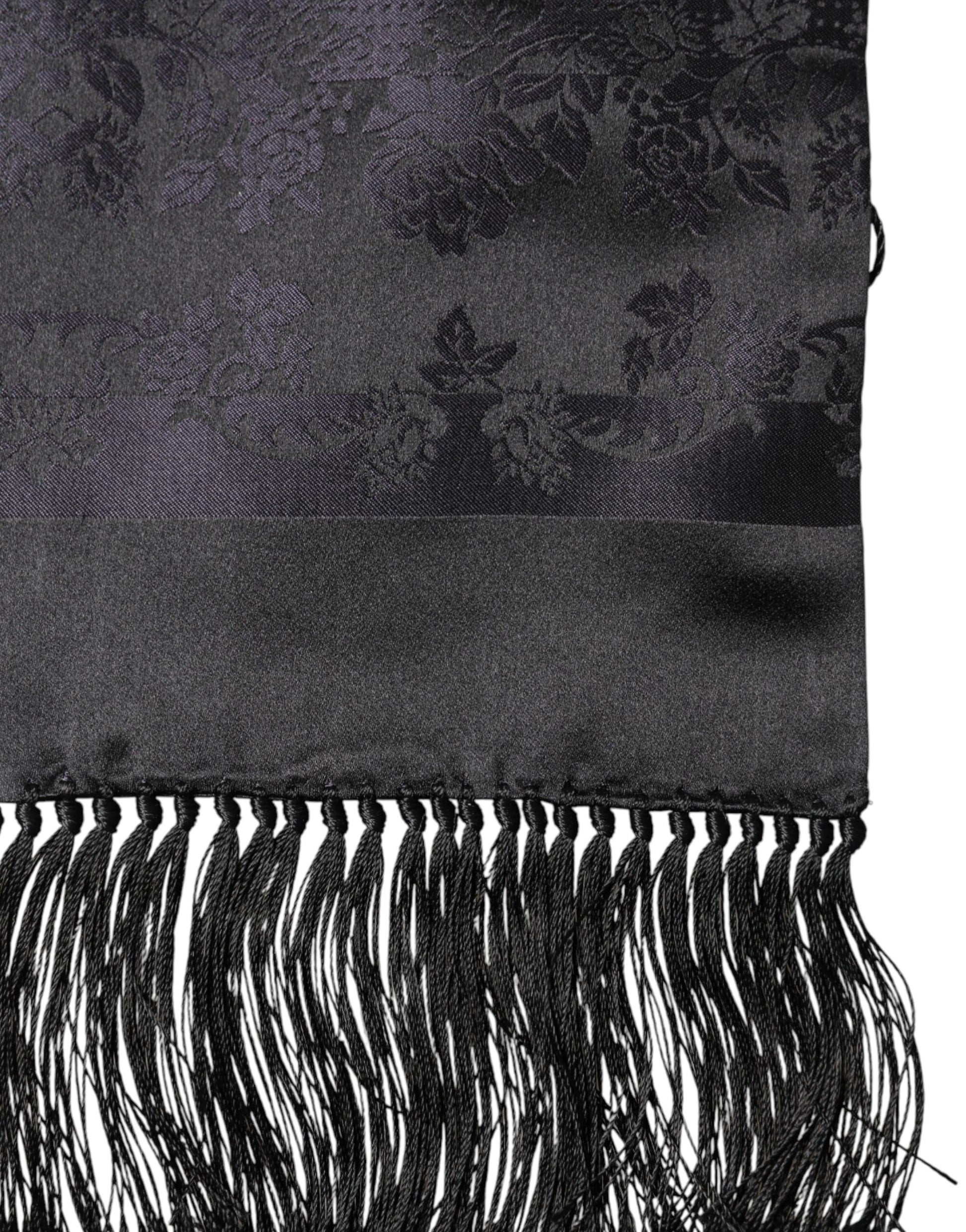 Dolce & Gabbana Black Satin Silk Fringes Neck Foulard Scarf | Regal Royce