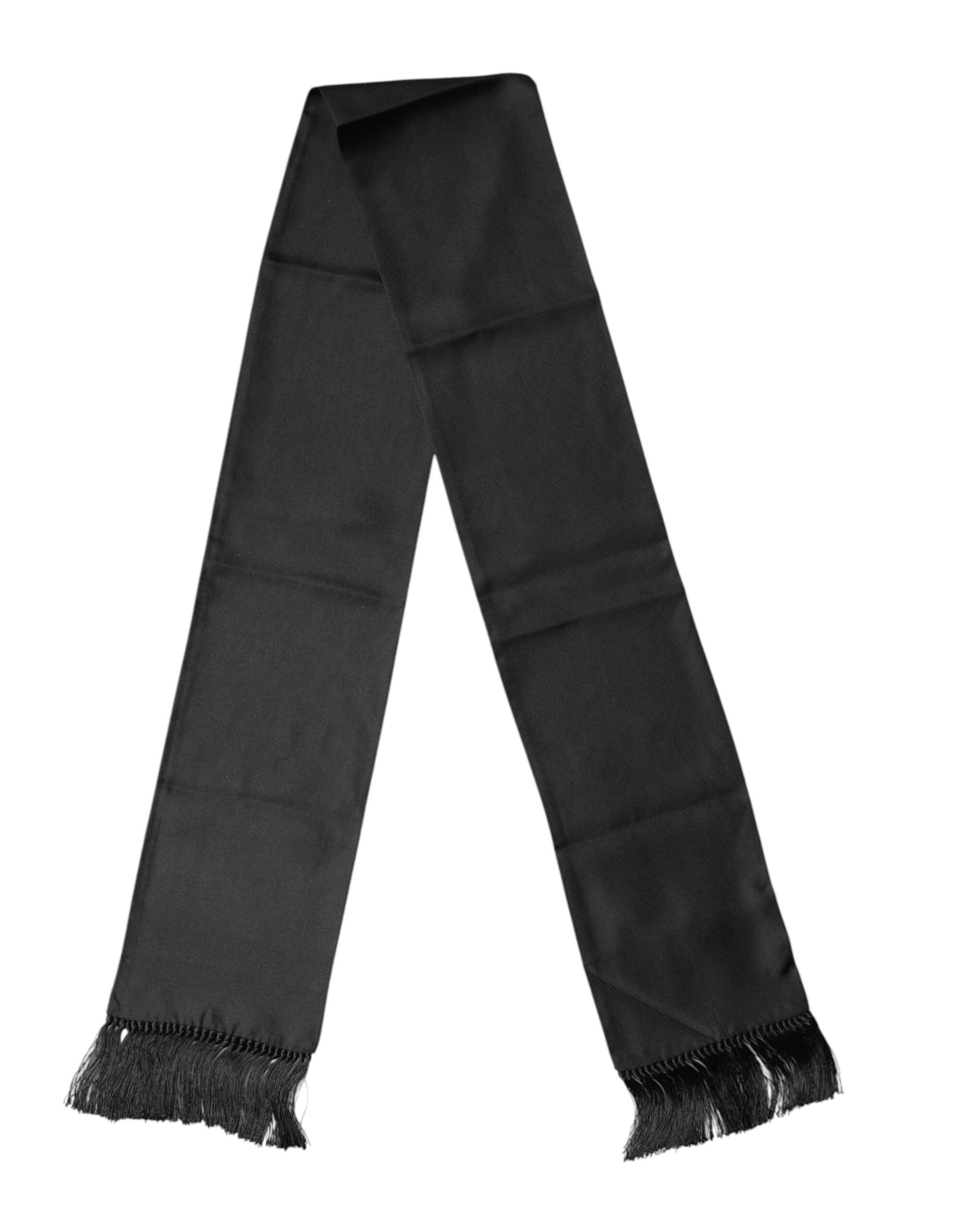 Dolce & Gabbana Black Satin Silk Fringes Neck Foulard 143.5cm x15cm Scarf | Regal Royce