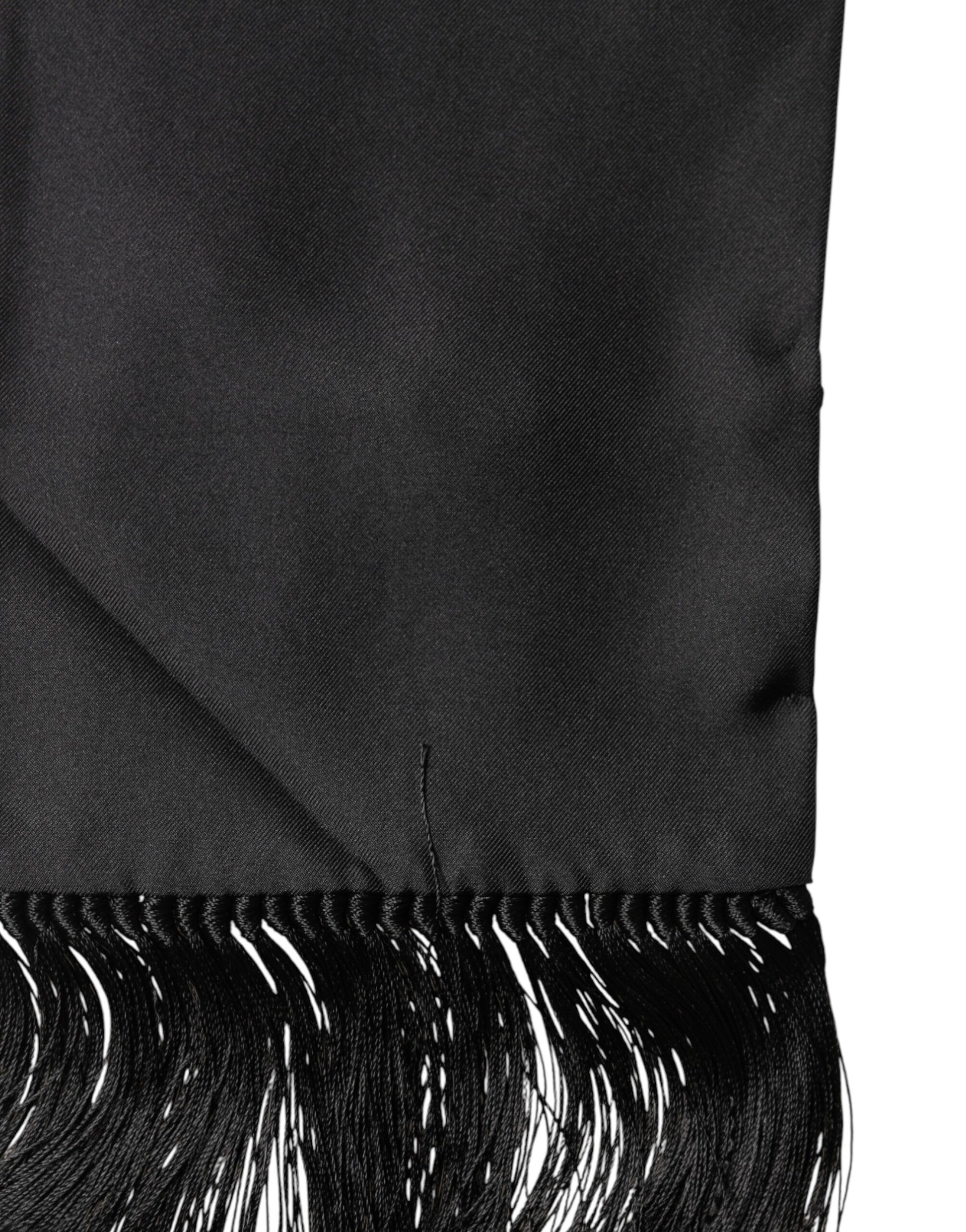 Dolce & Gabbana Black Satin Silk Fringes Neck Foulard 143.5cm x15cm Scarf | Regal Royce