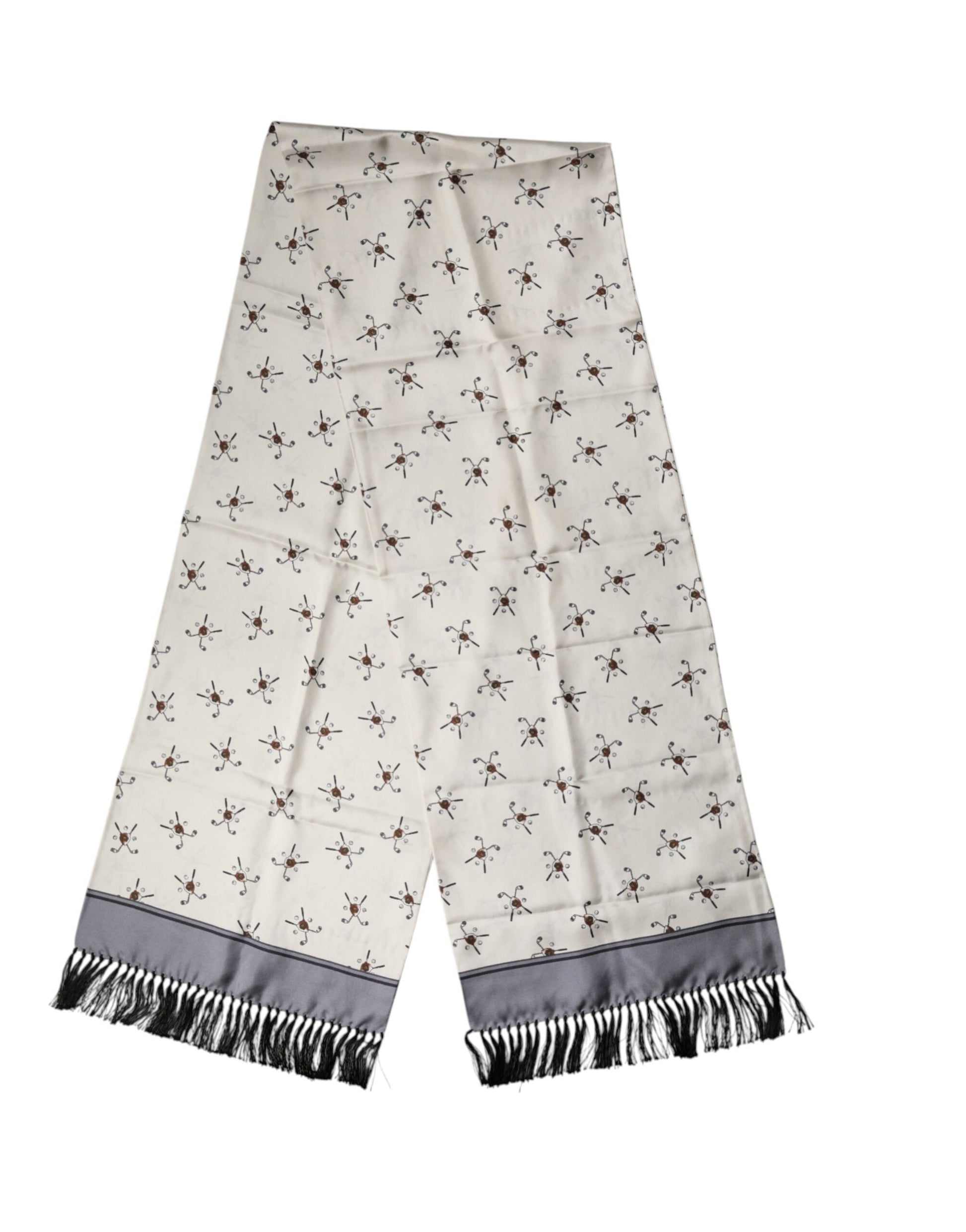 Dolce & Gabbana White Printed Fringes Wrap Foulard Men 183cm x 33cm Scarf | Regal Royce