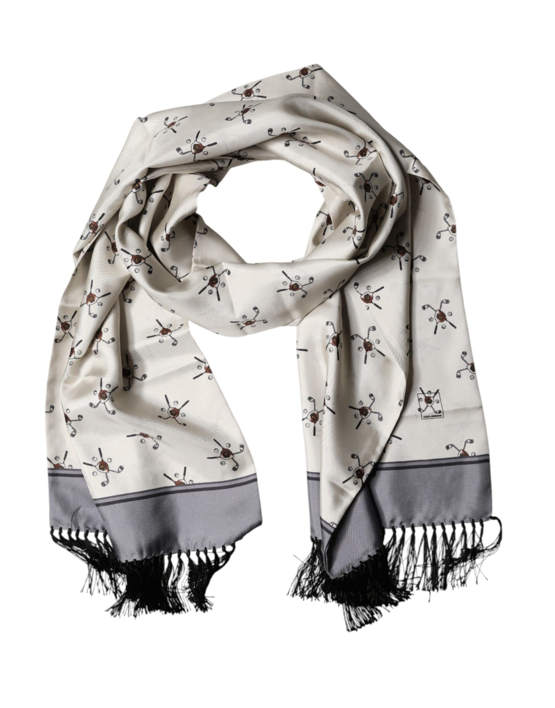 Dolce & Gabbana White Printed Fringes Wrap Foulard Men 183cm x 33cm Scarf | Regal Royce