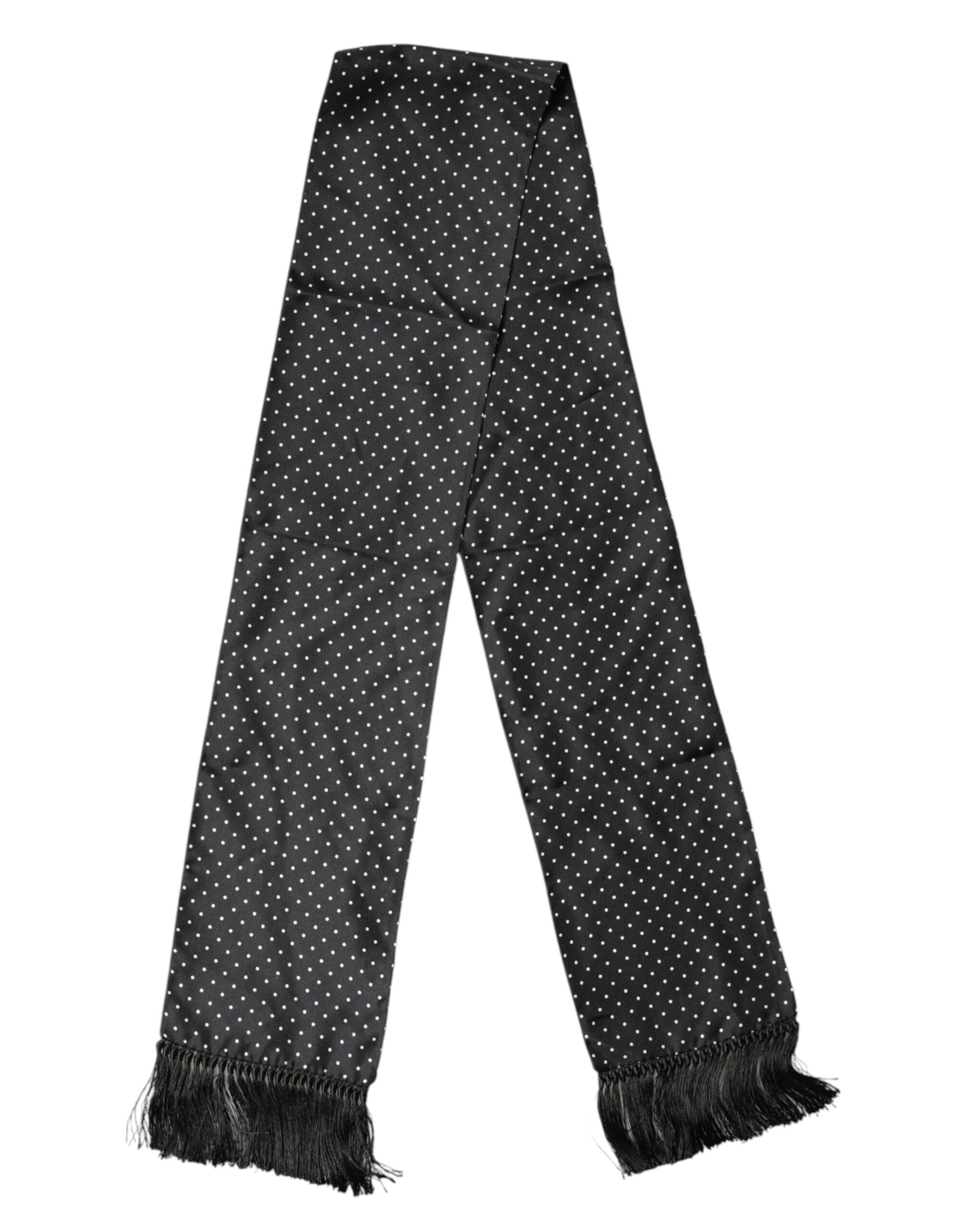 Dolce & Gabbana Black Polka Dot Fringes Silk Foulard 139cm x 14.5cm Scarf | Regal Royce