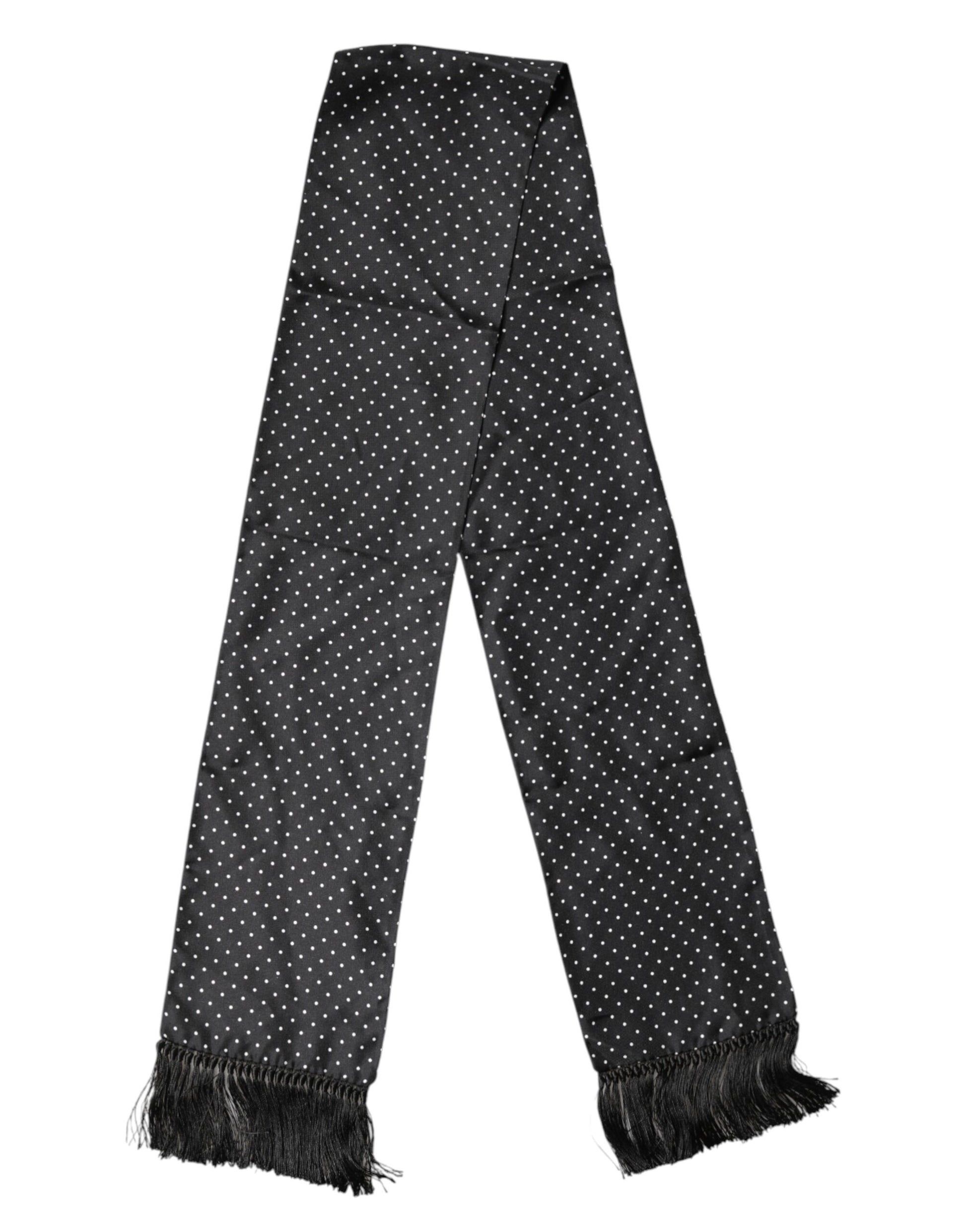 Dolce & Gabbana Black Polka Dot Fringes Silk Foulard 139cm x 14.5cm Scarf | Regal Royce