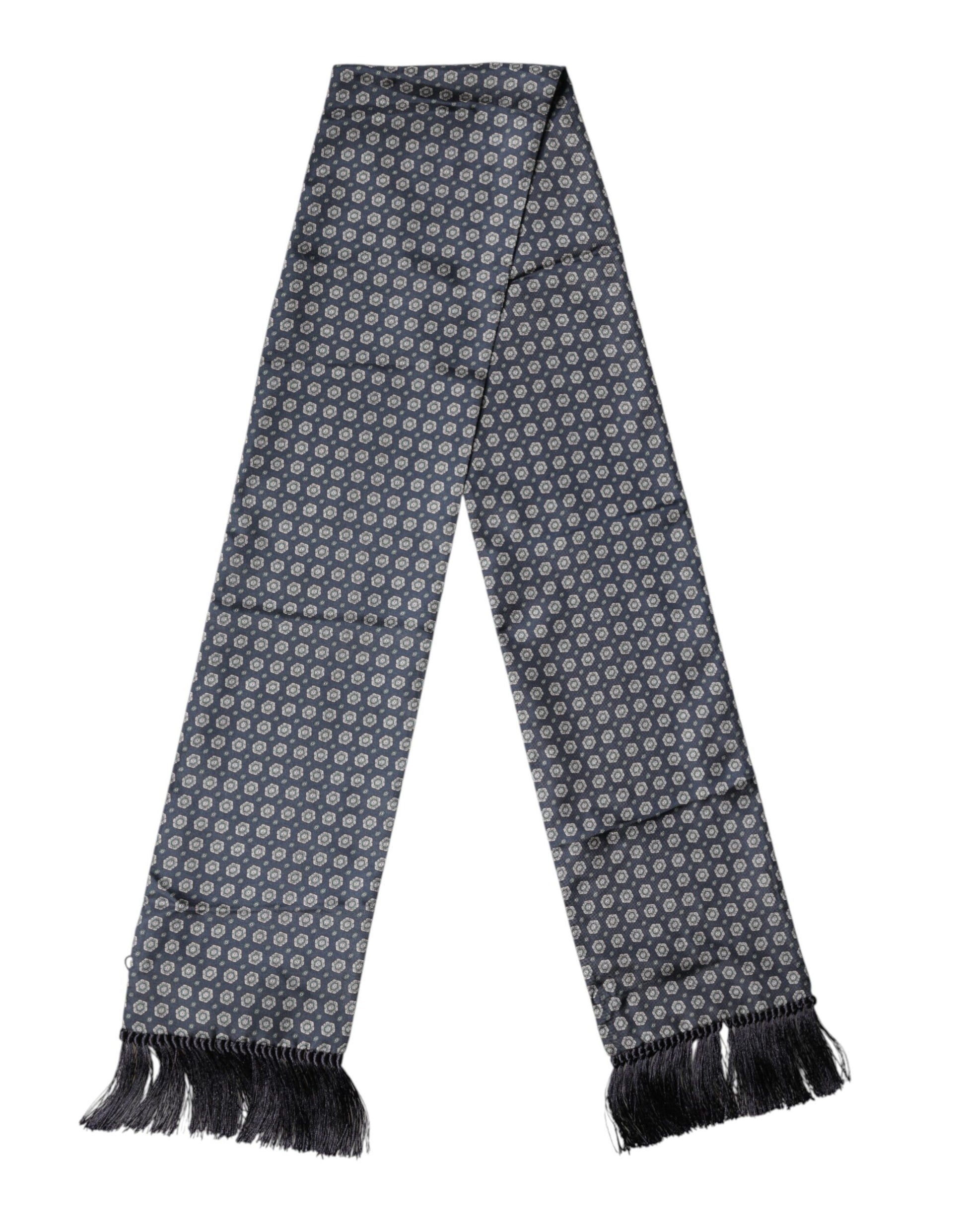 Dolce & Gabbana Blue Patterned Silk Fringes Foulard 138cm x 15.5cm Scarf | Regal Royce