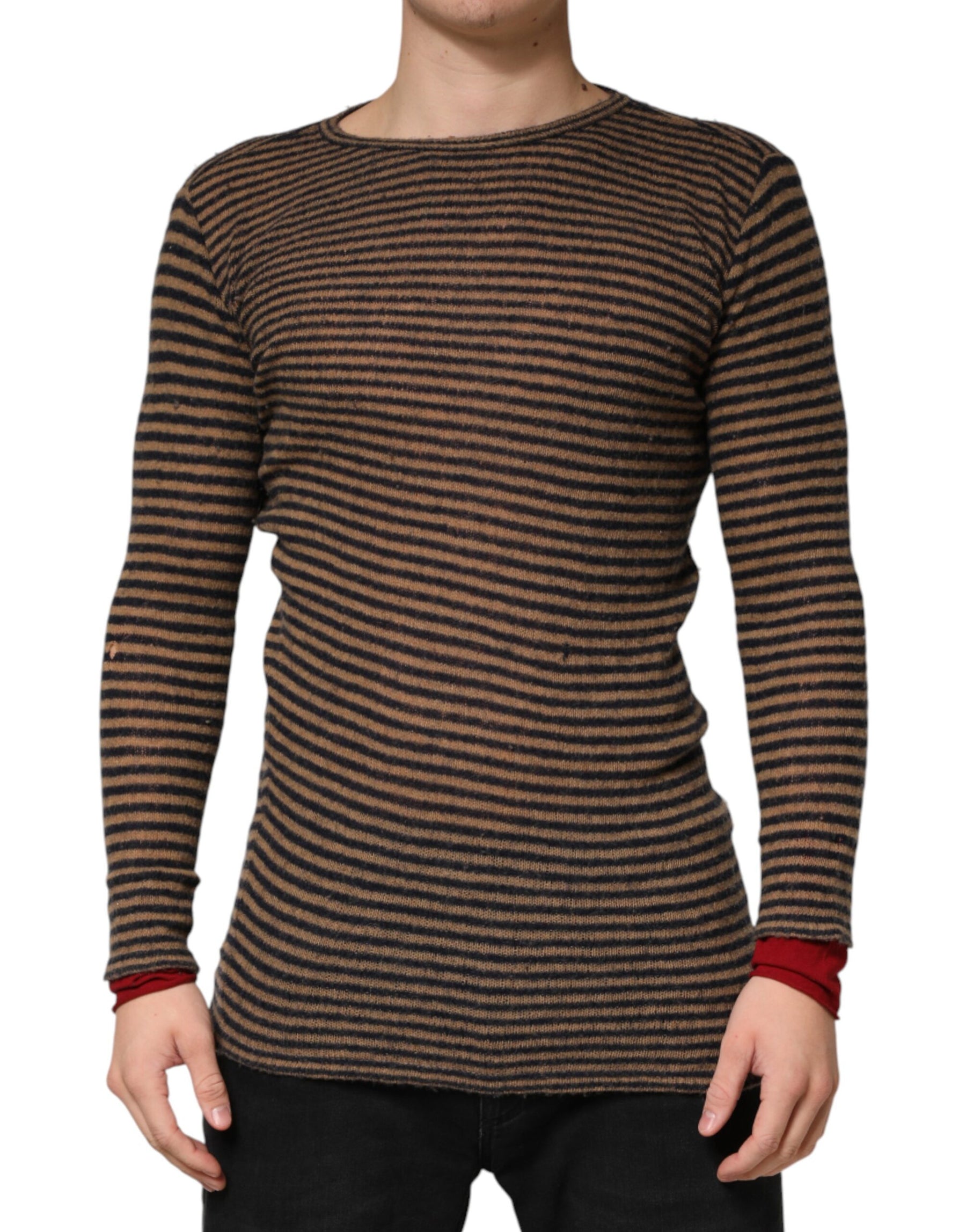 Daniele Alessandrini Brown Black Stripes Wool Crew Neck Pullover Sweater | Regal Royce