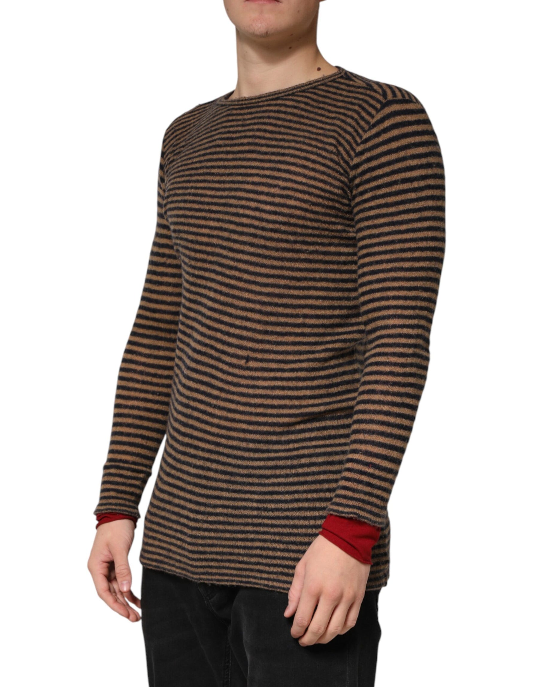 Daniele Alessandrini Brown Black Stripes Wool Crew Neck Pullover Sweater | Regal Royce