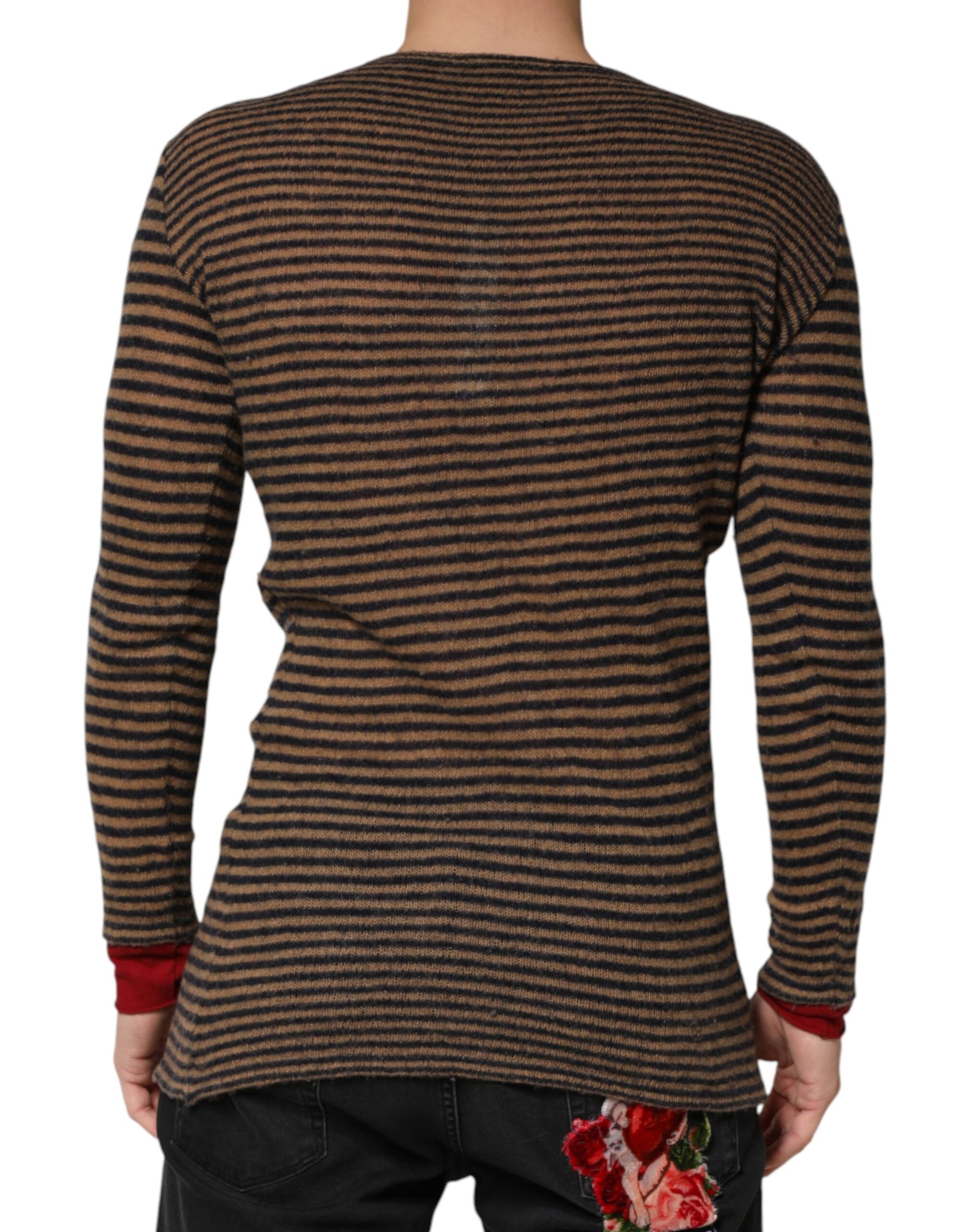Daniele Alessandrini Brown Black Stripes Wool Crew Neck Pullover Sweater | Regal Royce