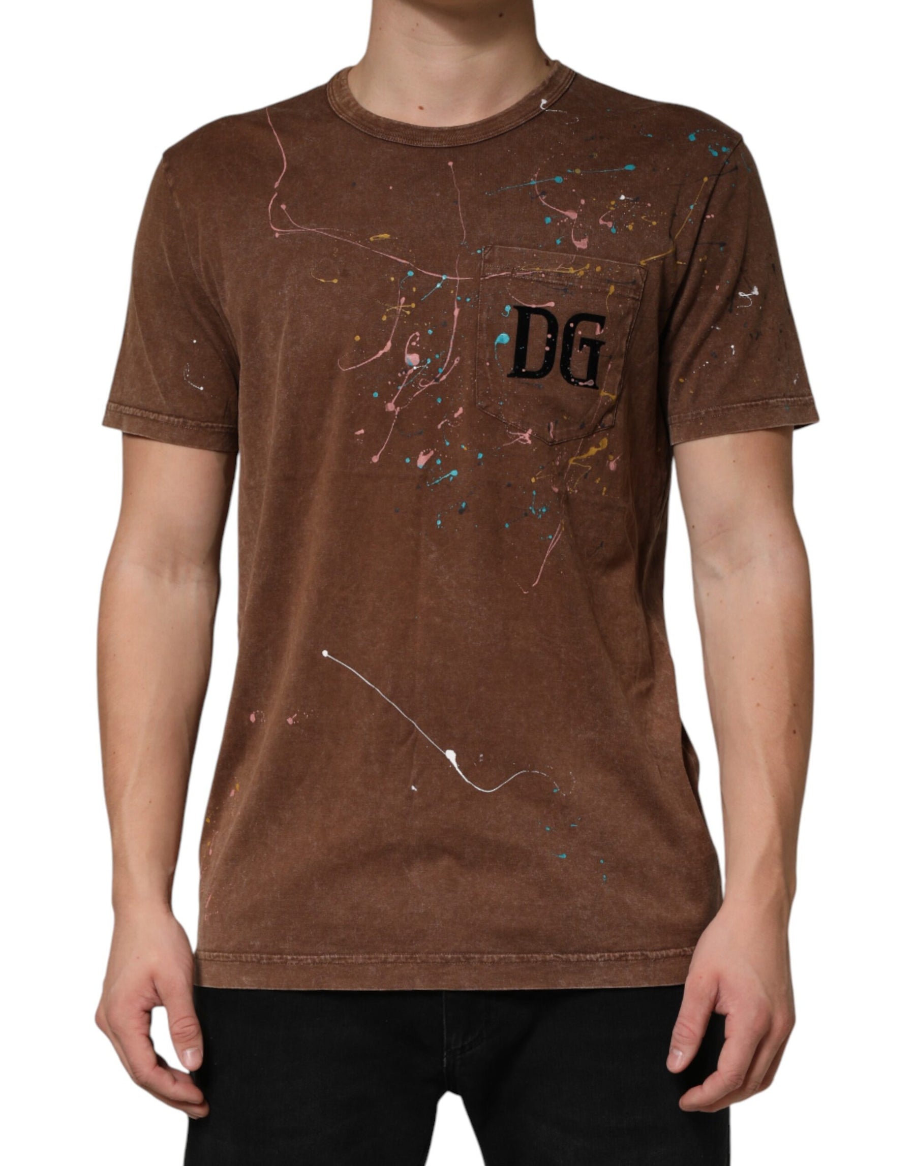 Dolce & Gabbana Brown Splash Color Cotton Crew Neck T-shirt | Regal Royce
