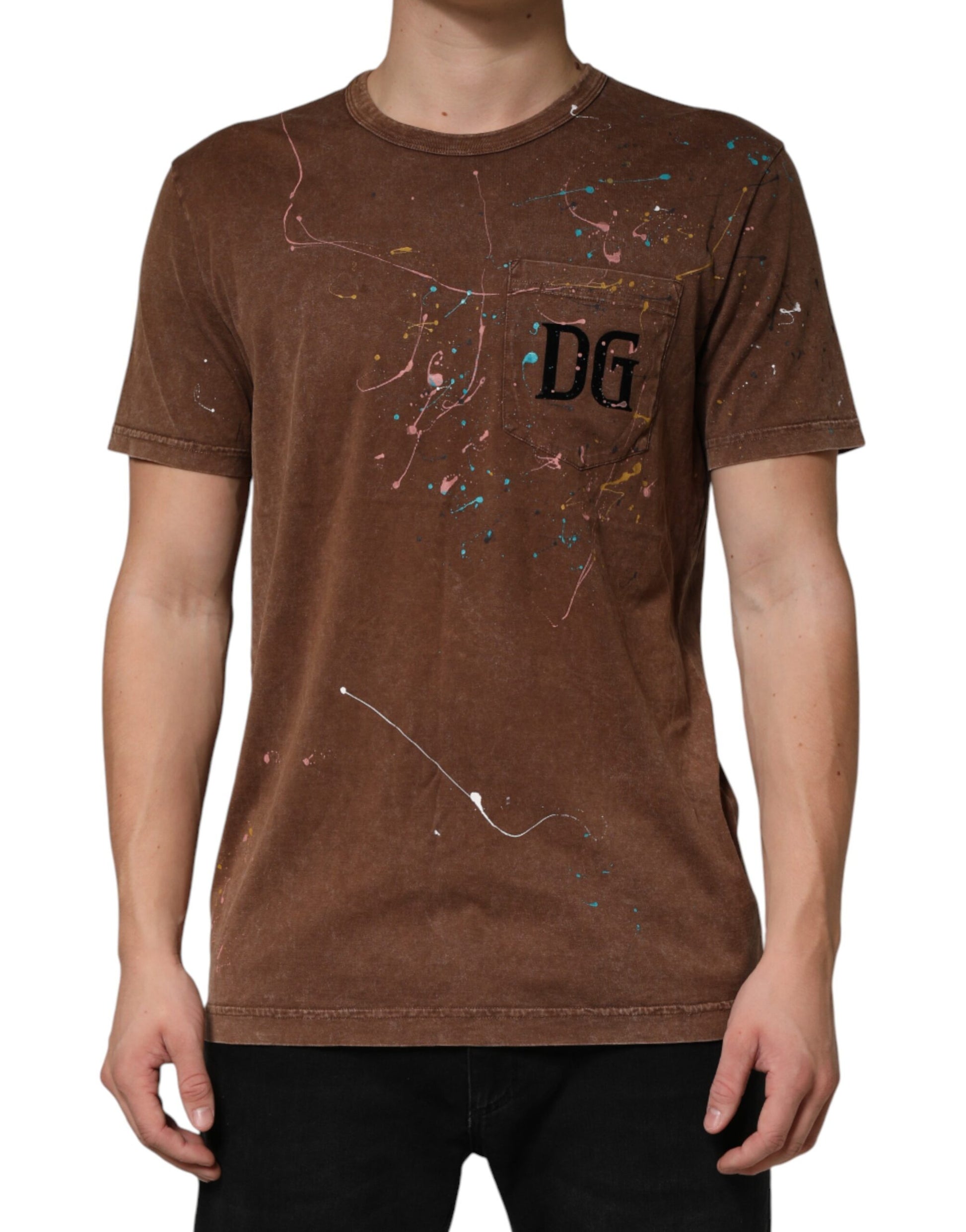 Dolce & Gabbana Brown Splash Color Cotton Crew Neck T-shirt | Regal Royce