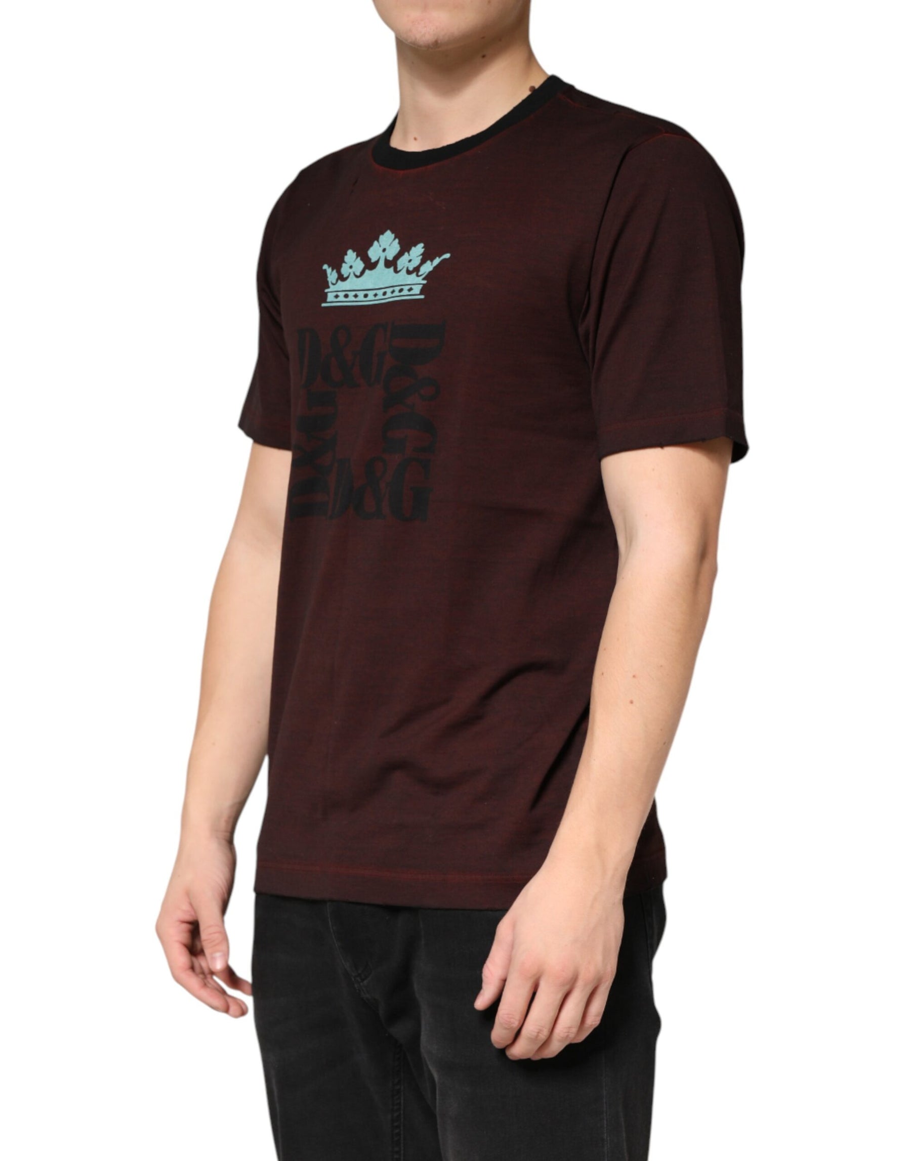Dolce & Gabbana Maroon DG Crown Cotton Crew Neck Men T-shirt | Regal Royce