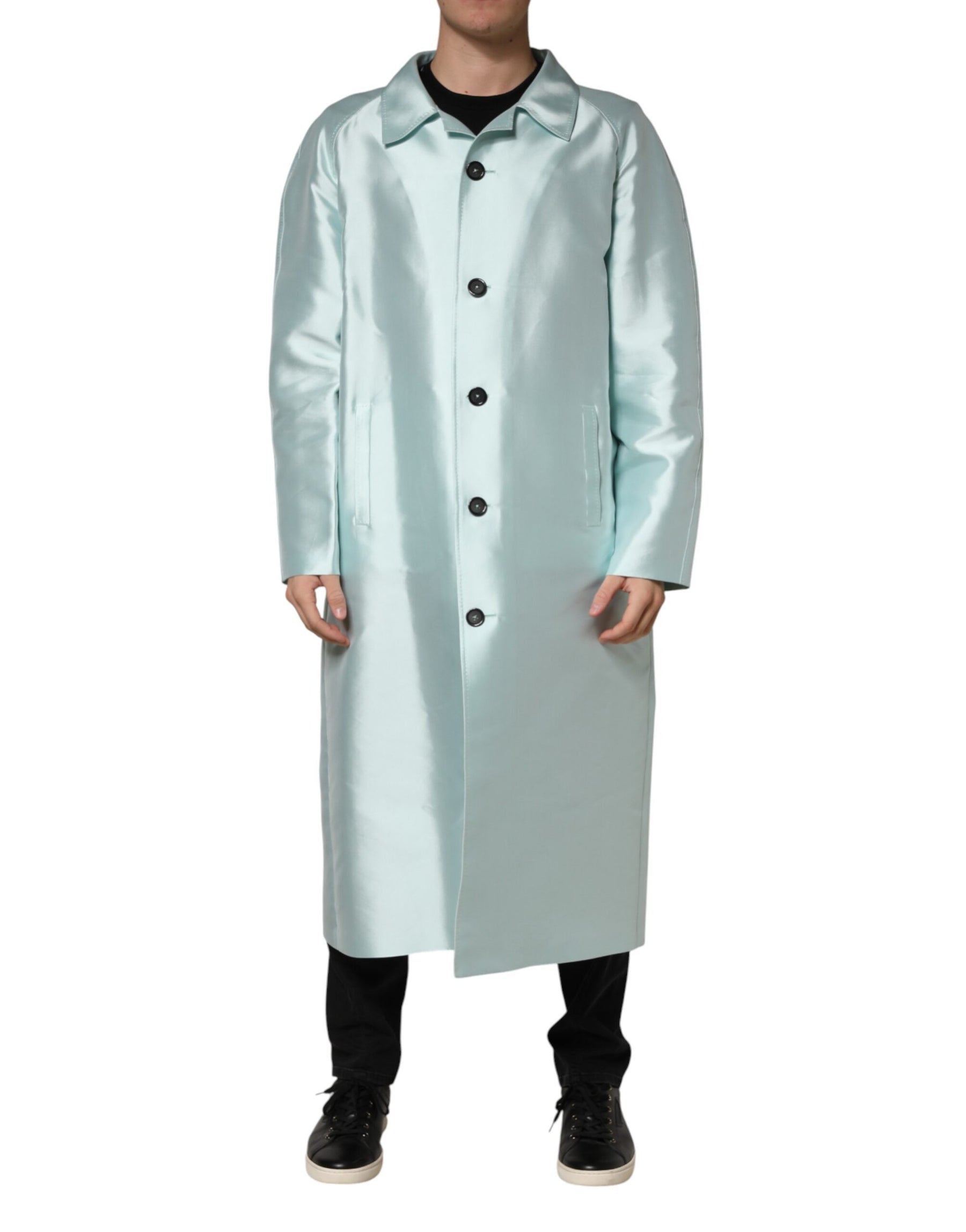 Dolce & Gabbana Teal Satin Collared Long Trench Coat Jacket | Regal Royce
