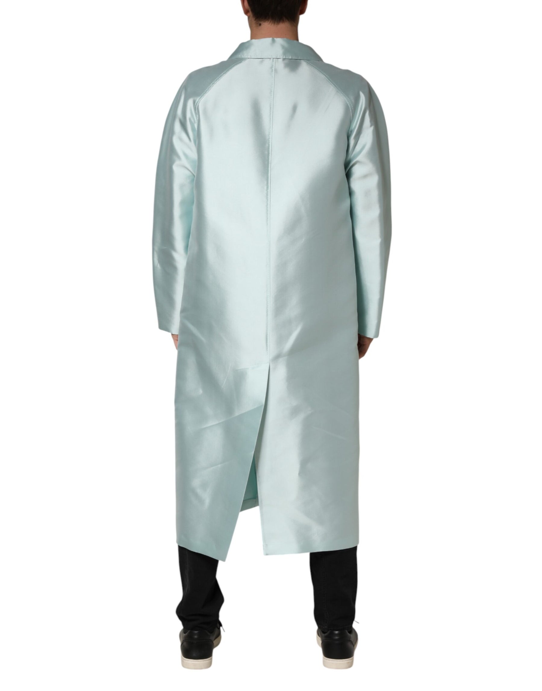 Dolce & Gabbana Teal Satin Collared Long Trench Coat Jacket | Regal Royce