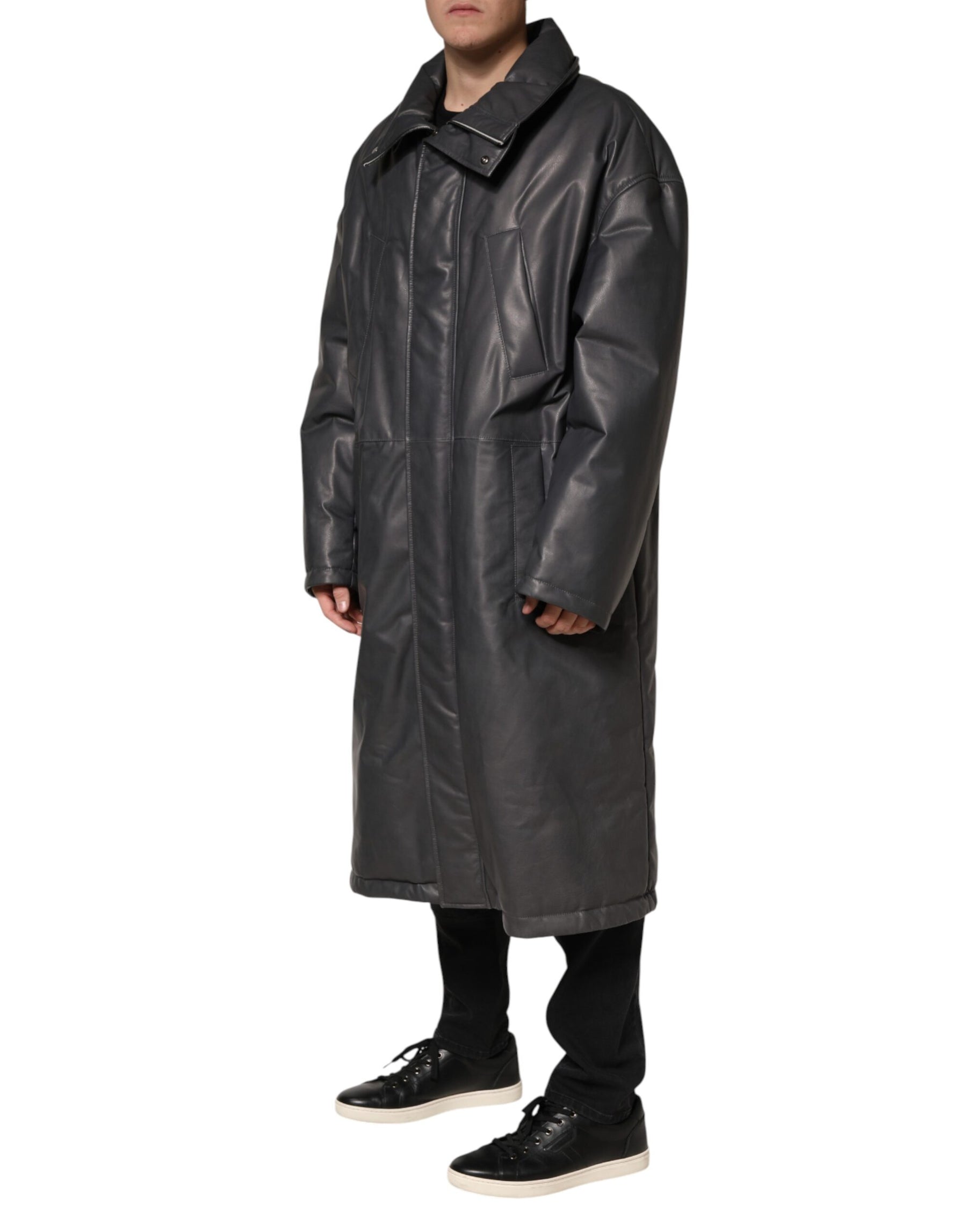 Dolce & Gabbana Black Leather Collared Trench Coat Jacket | Regal Royce