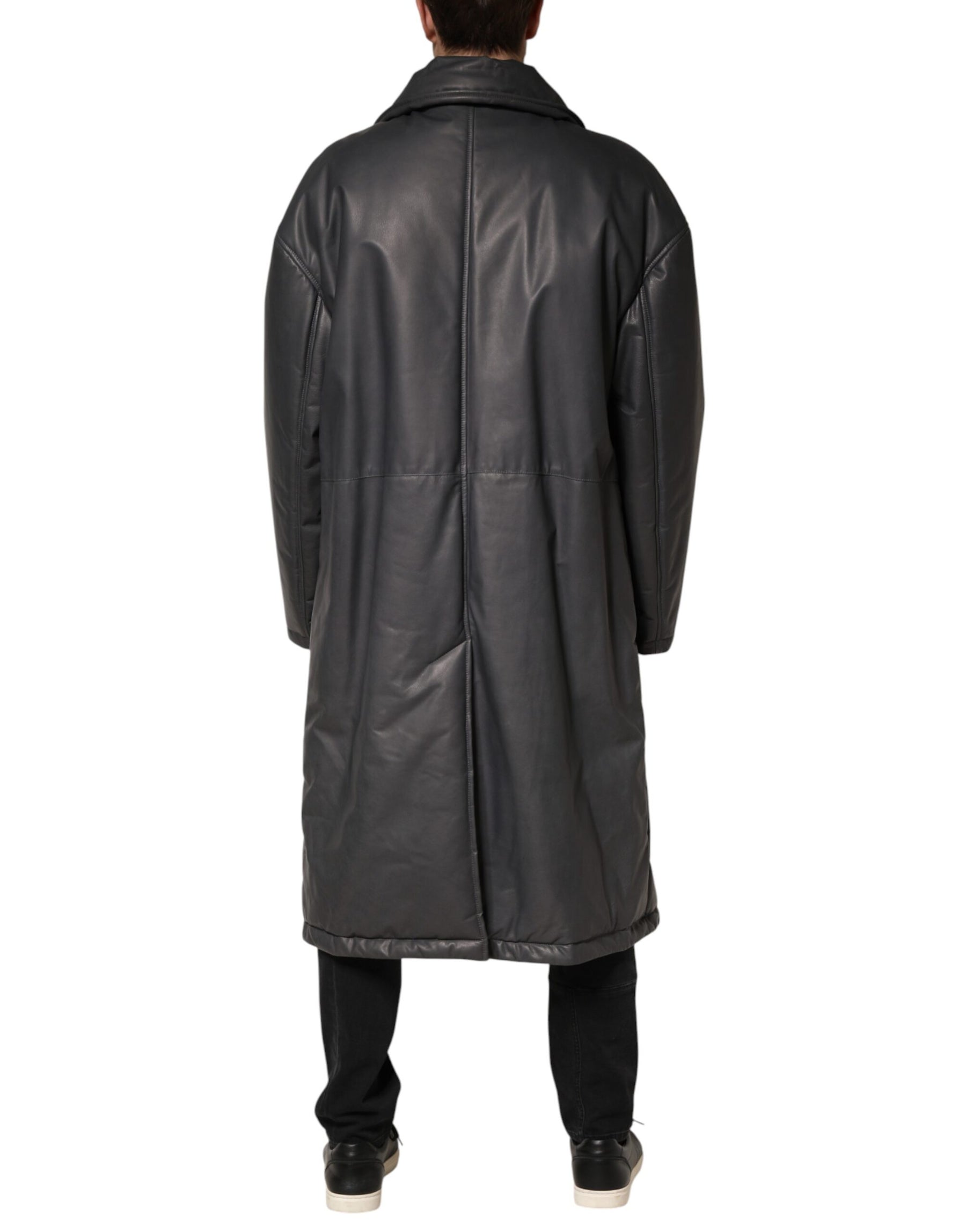 Dolce & Gabbana Black Leather Collared Trench Coat Jacket | Regal Royce