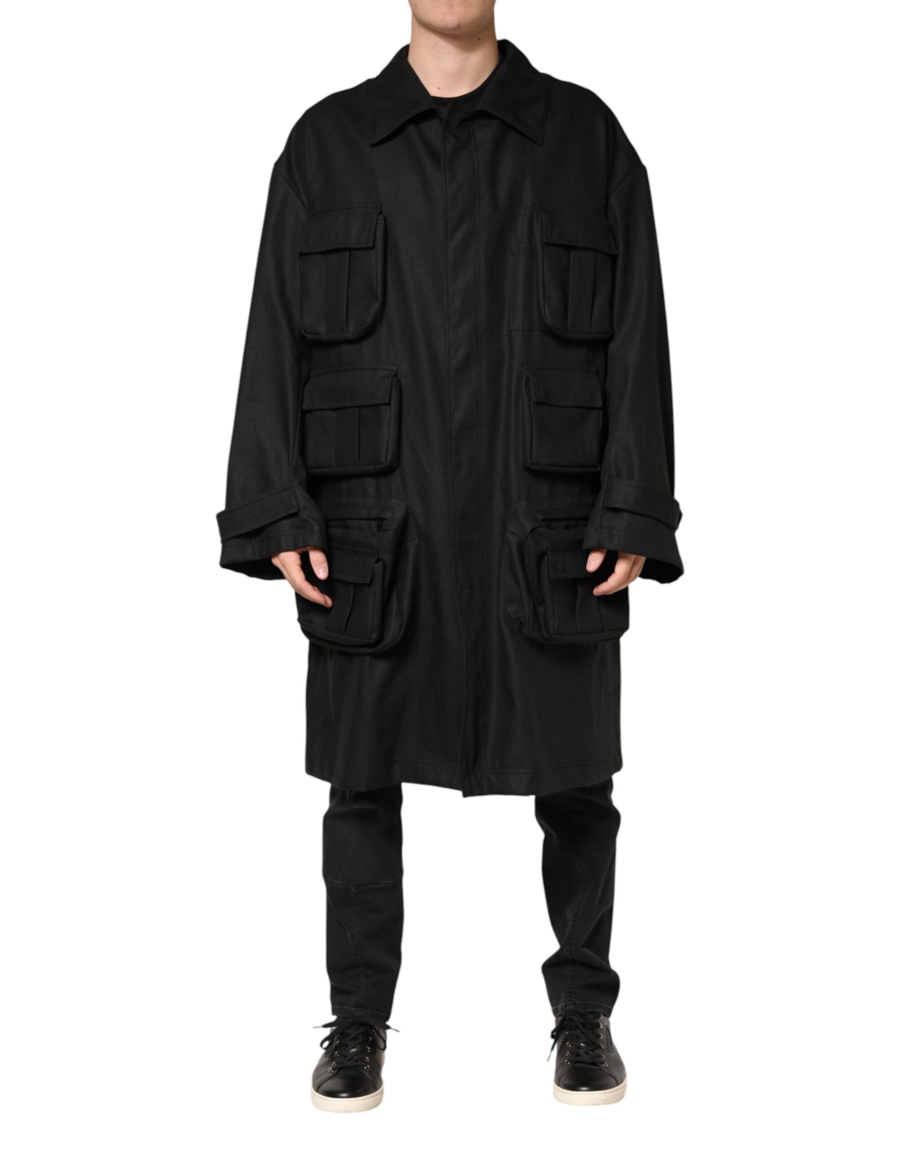 Dolce & Gabbana Black Pockets Collared Trench Coat Jacket | Regal Royce