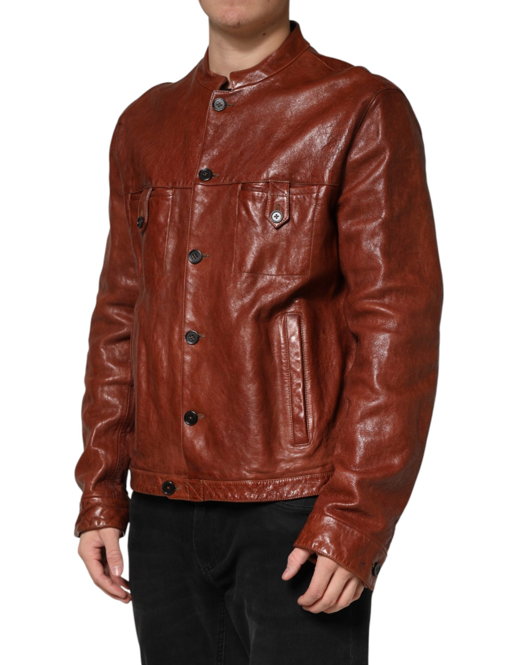 Dolce & Gabbana Brown Leather Button Down Men Biker Jacket | Regal Royce