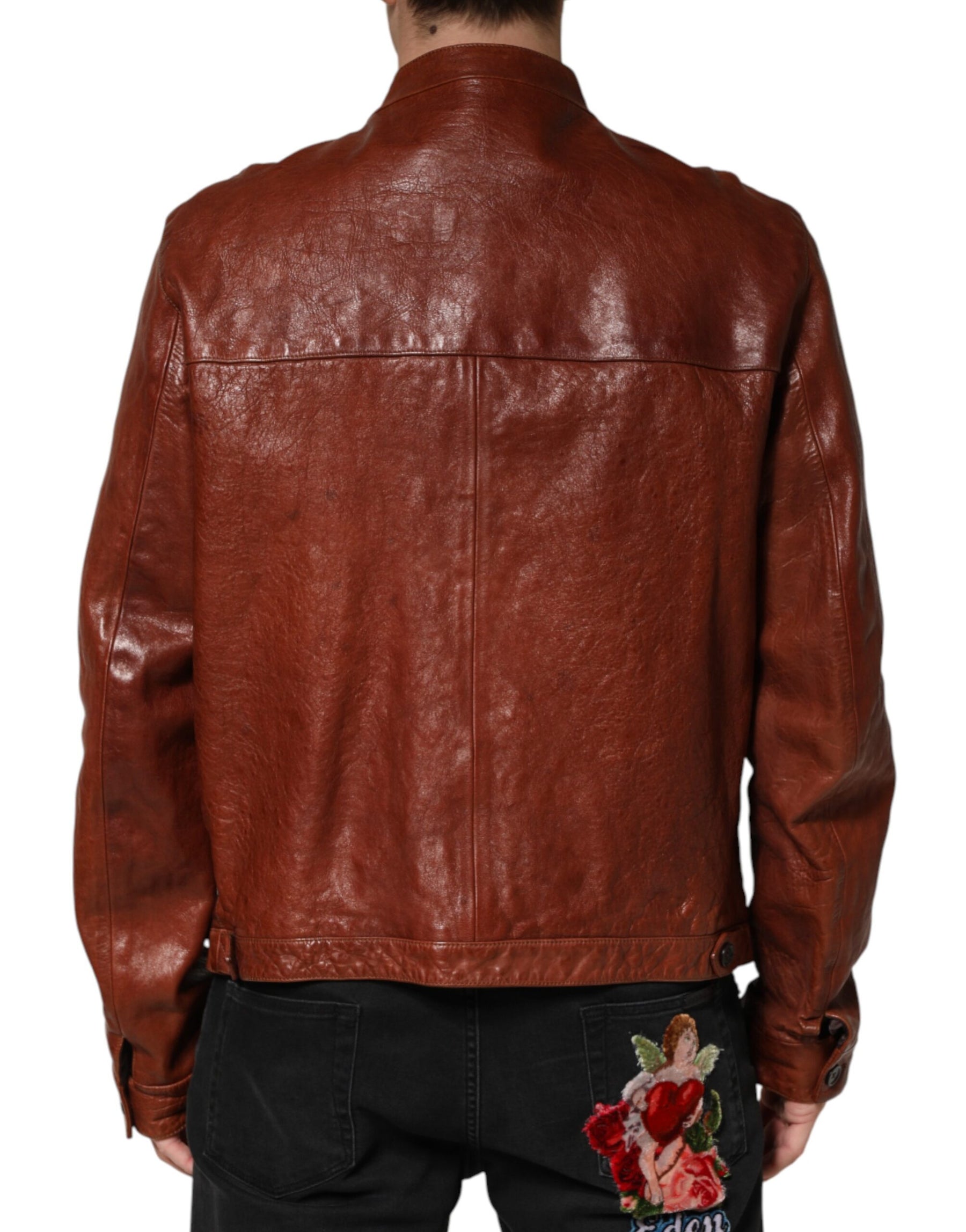 Dolce & Gabbana Brown Leather Button Down Men Biker Jacket | Regal Royce