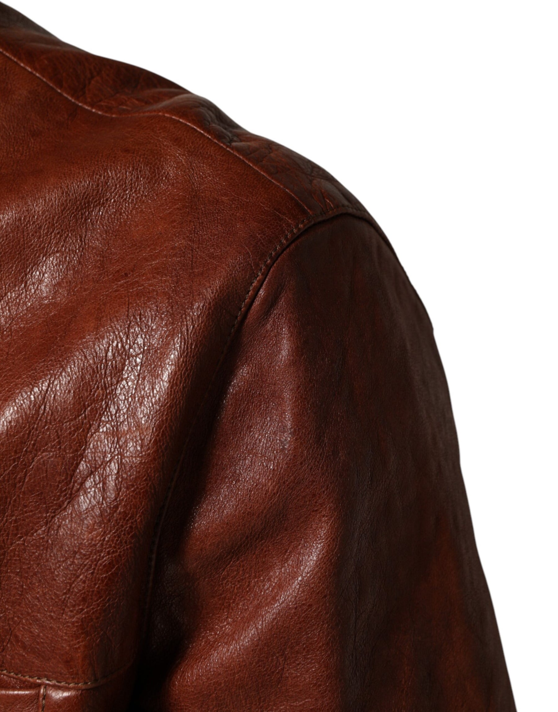 Dolce & Gabbana Brown Leather Button Down Men Biker Jacket | Regal Royce