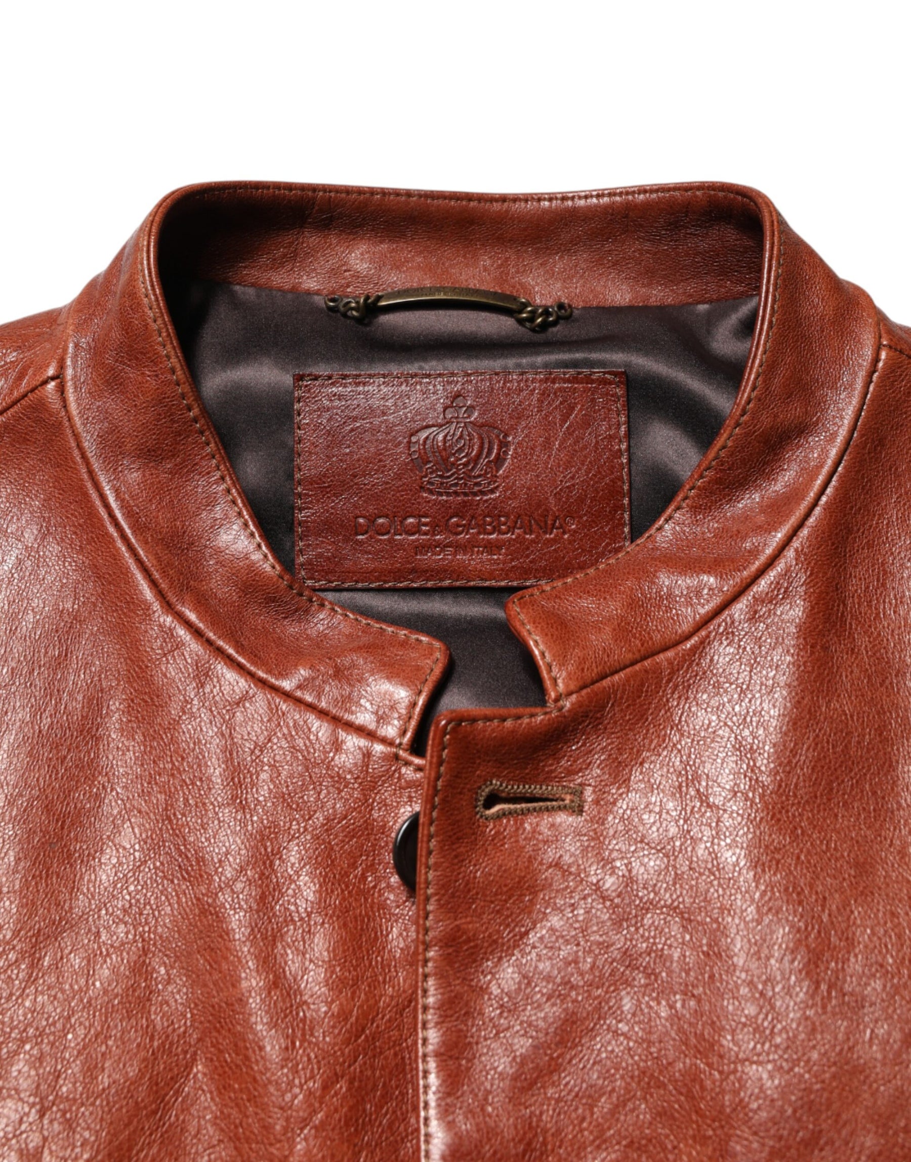 Dolce & Gabbana Brown Leather Button Down Men Biker Jacket | Regal Royce