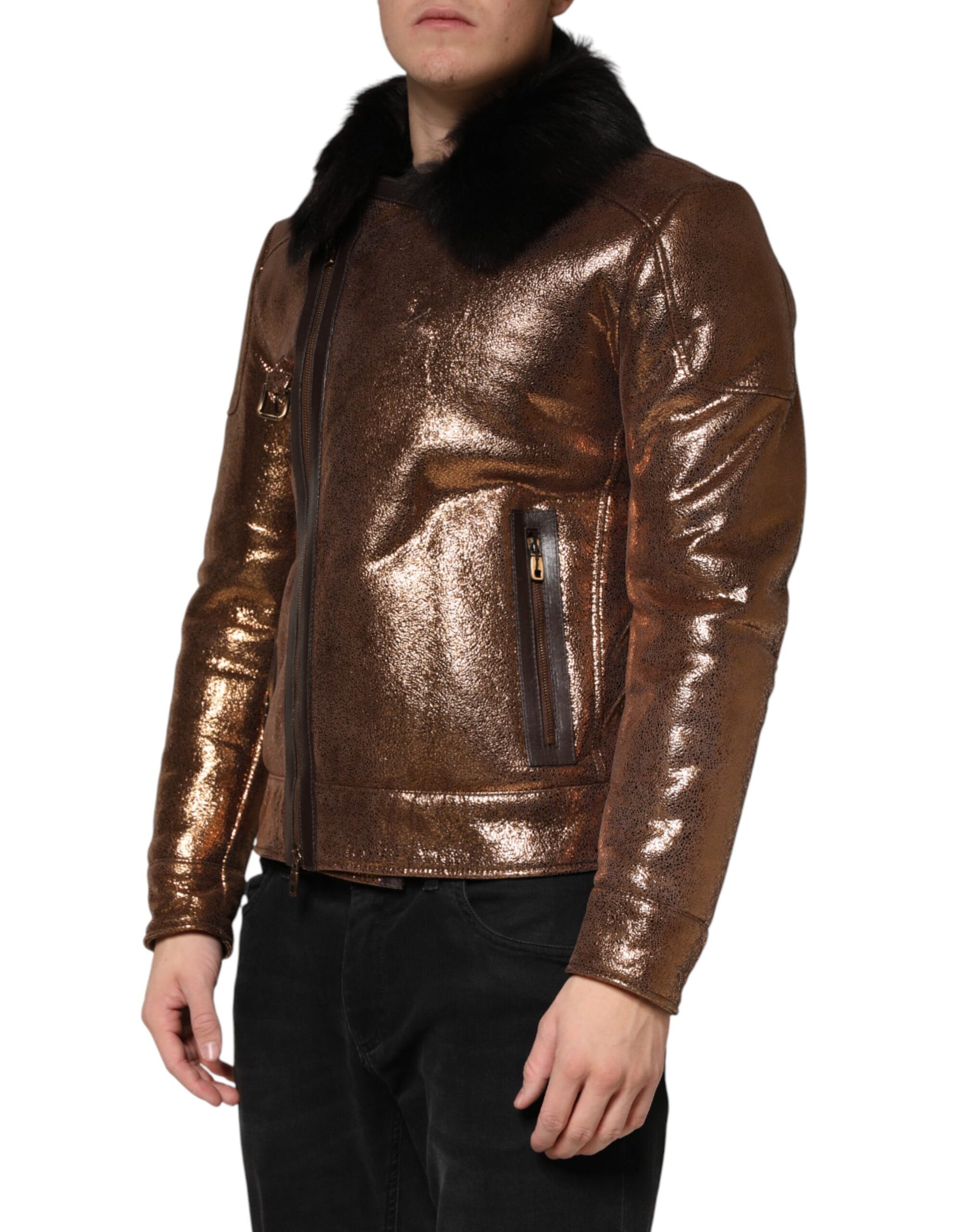 Dolce & Gabbana Bronze Leather Fur Full Zip Men Biker Jacket | Regal Royce