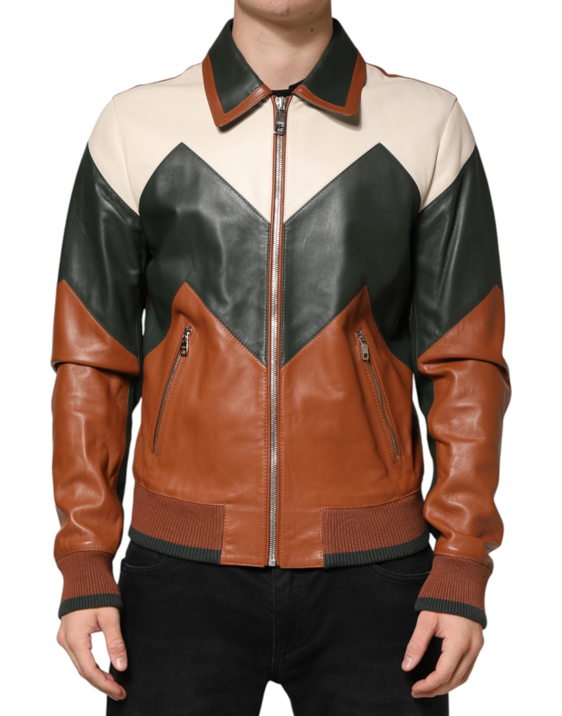 Dolce & Gabbana Multicolor Leather Full Zip men Biker Jacket | Regal Royce