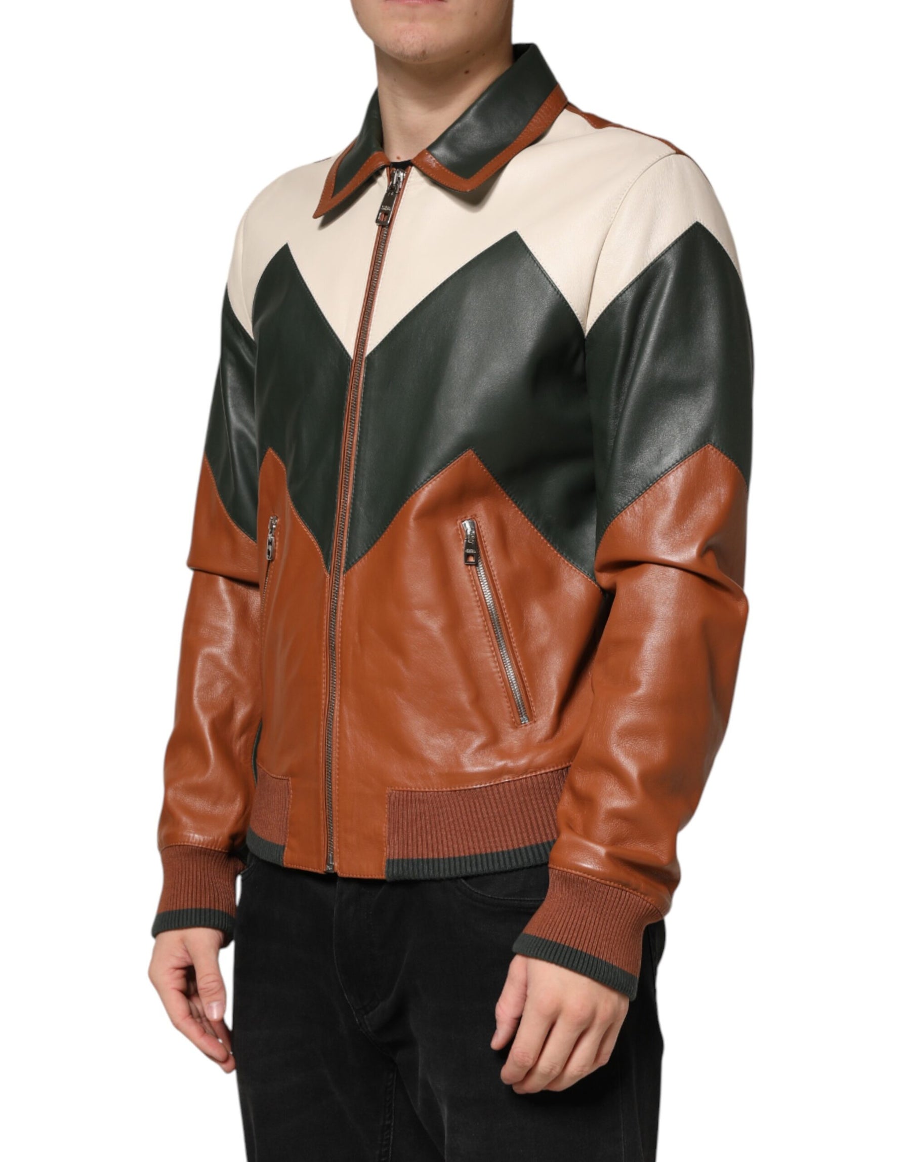 Dolce & Gabbana Multicolor Leather Full Zip men Biker Jacket | Regal Royce