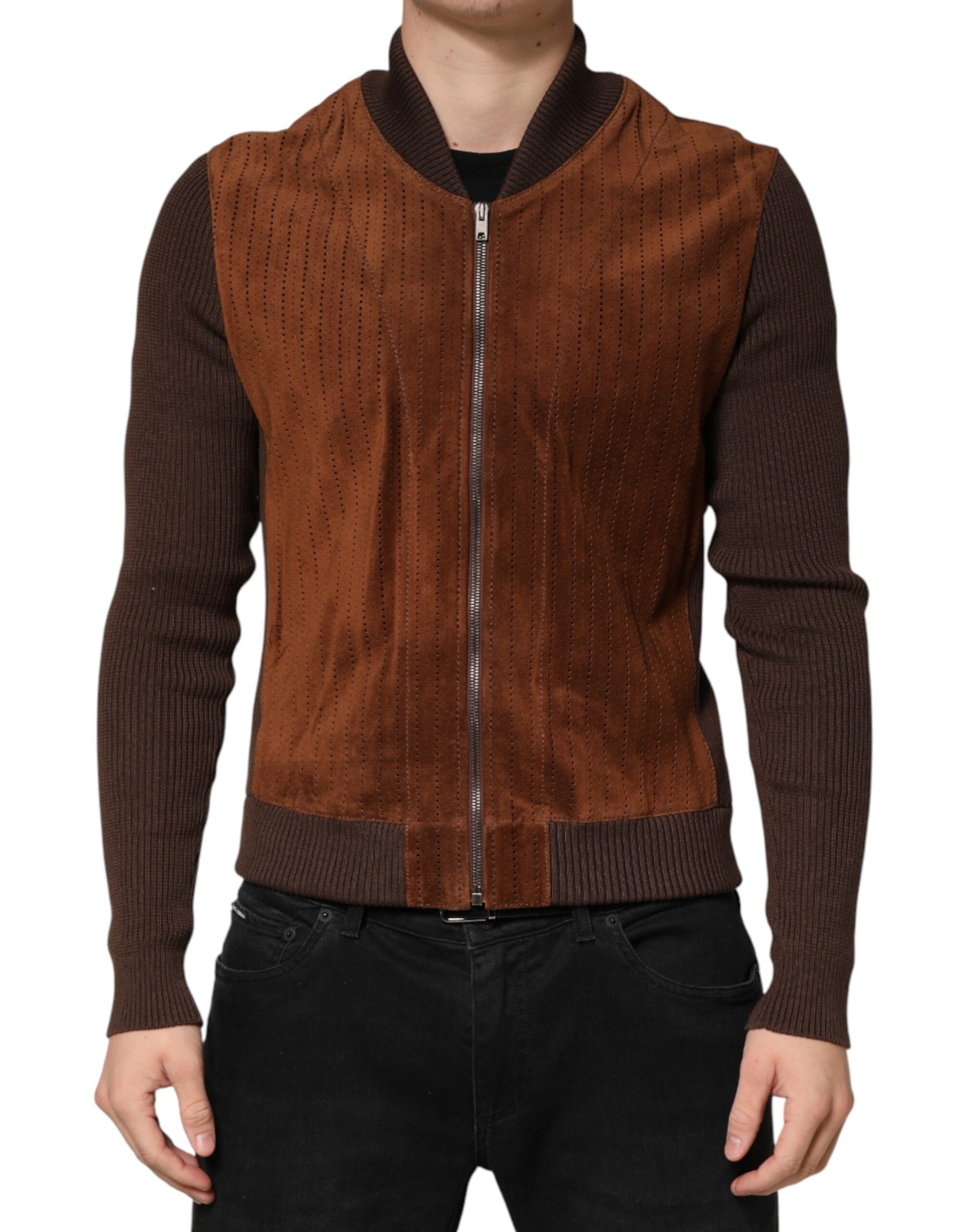 Dolce & Gabbana Brown Velvet Calfskin Full Zip Biker Jacket | Regal Royce