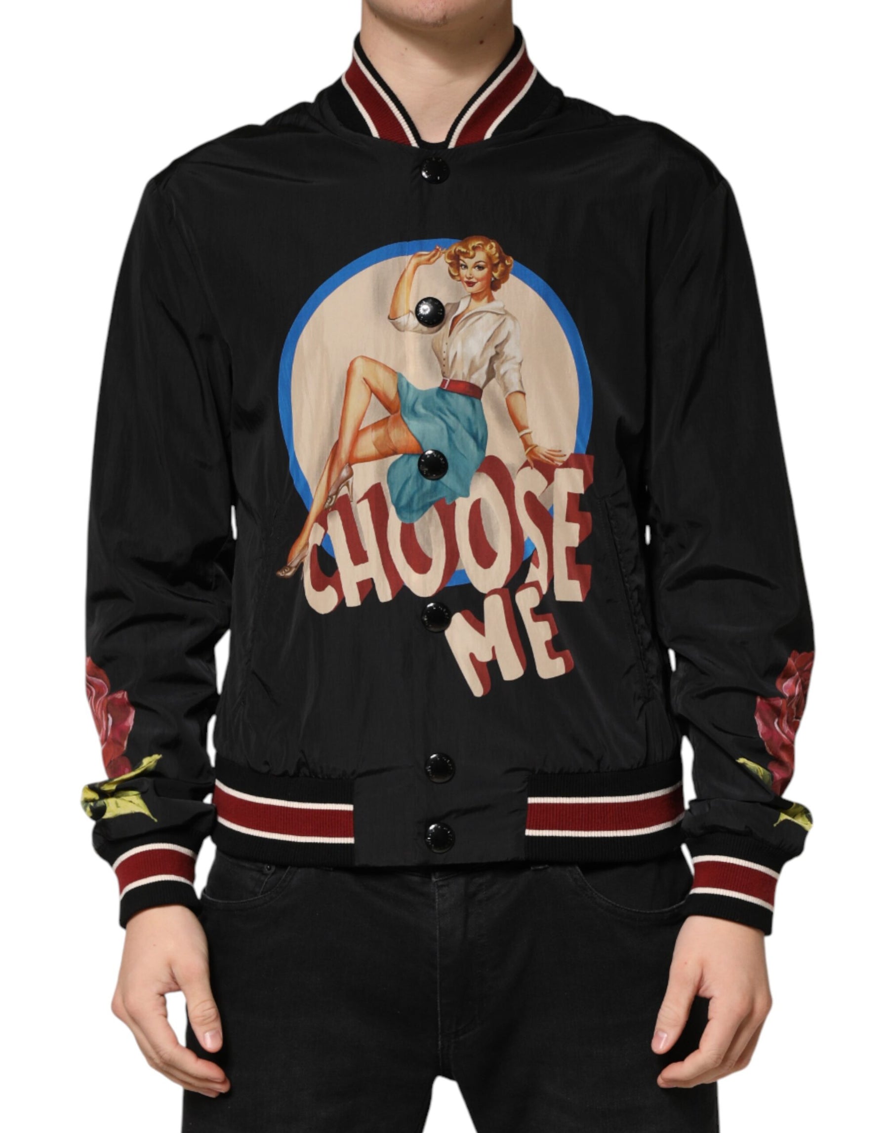 Dolce & Gabbana Black Pin Up Button Down Men Bomber Jacket | Regal Royce