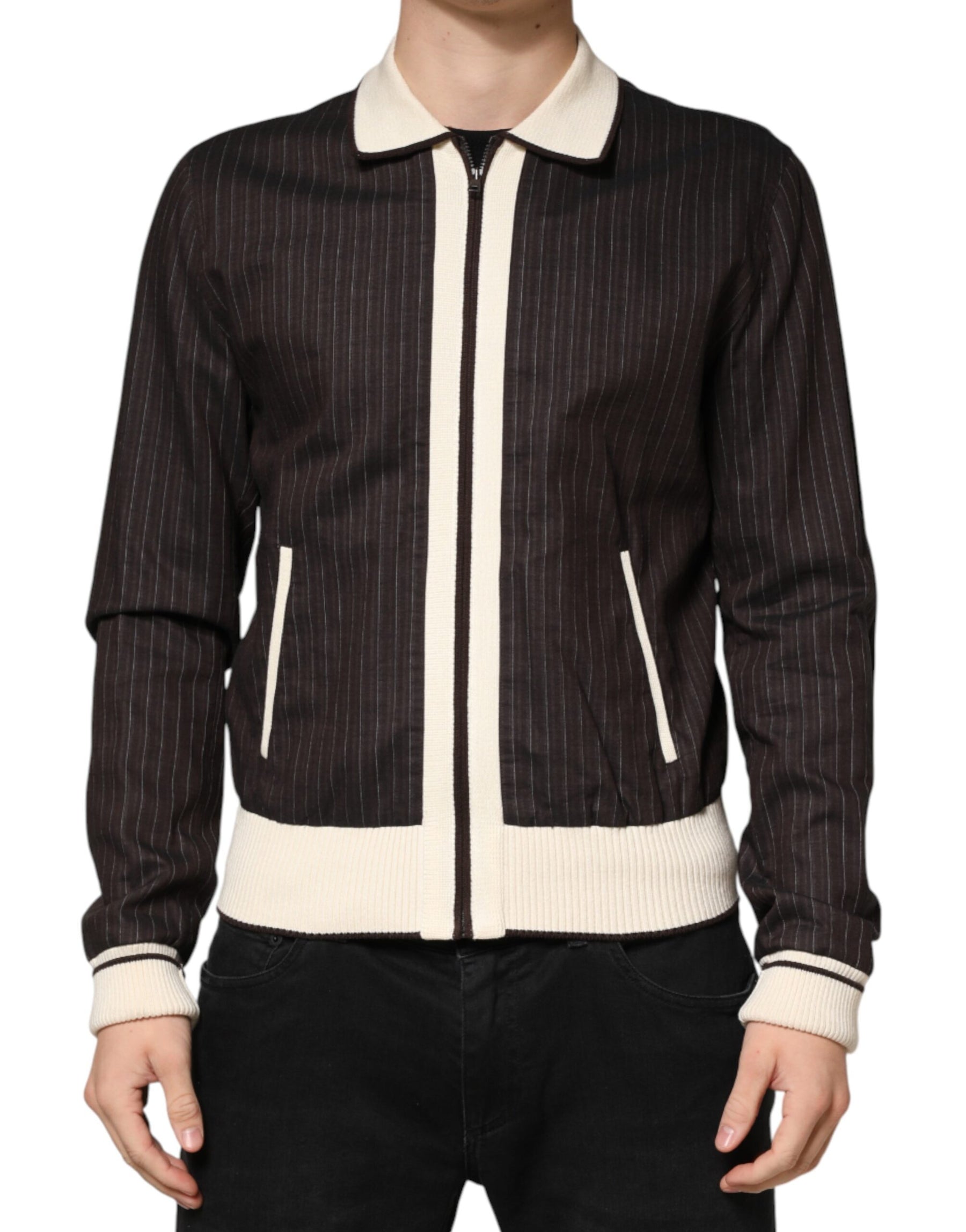 Dolce & Gabbana Brown Contrast Stripe Men Bomber Jacket | Regal Royce