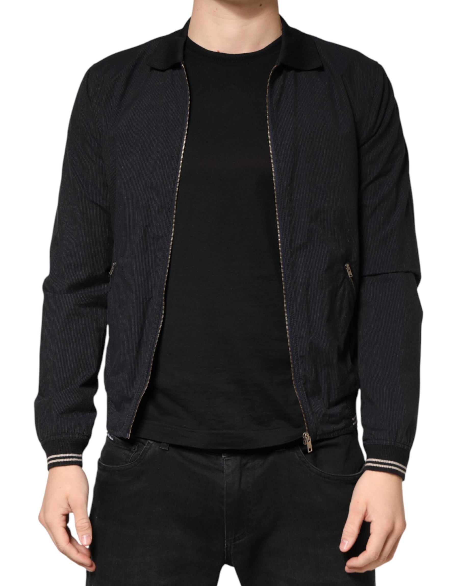 Dolce & Gabbana Dark Blue Cotton Full Zip Bomber Men Jacket | Regal Royce