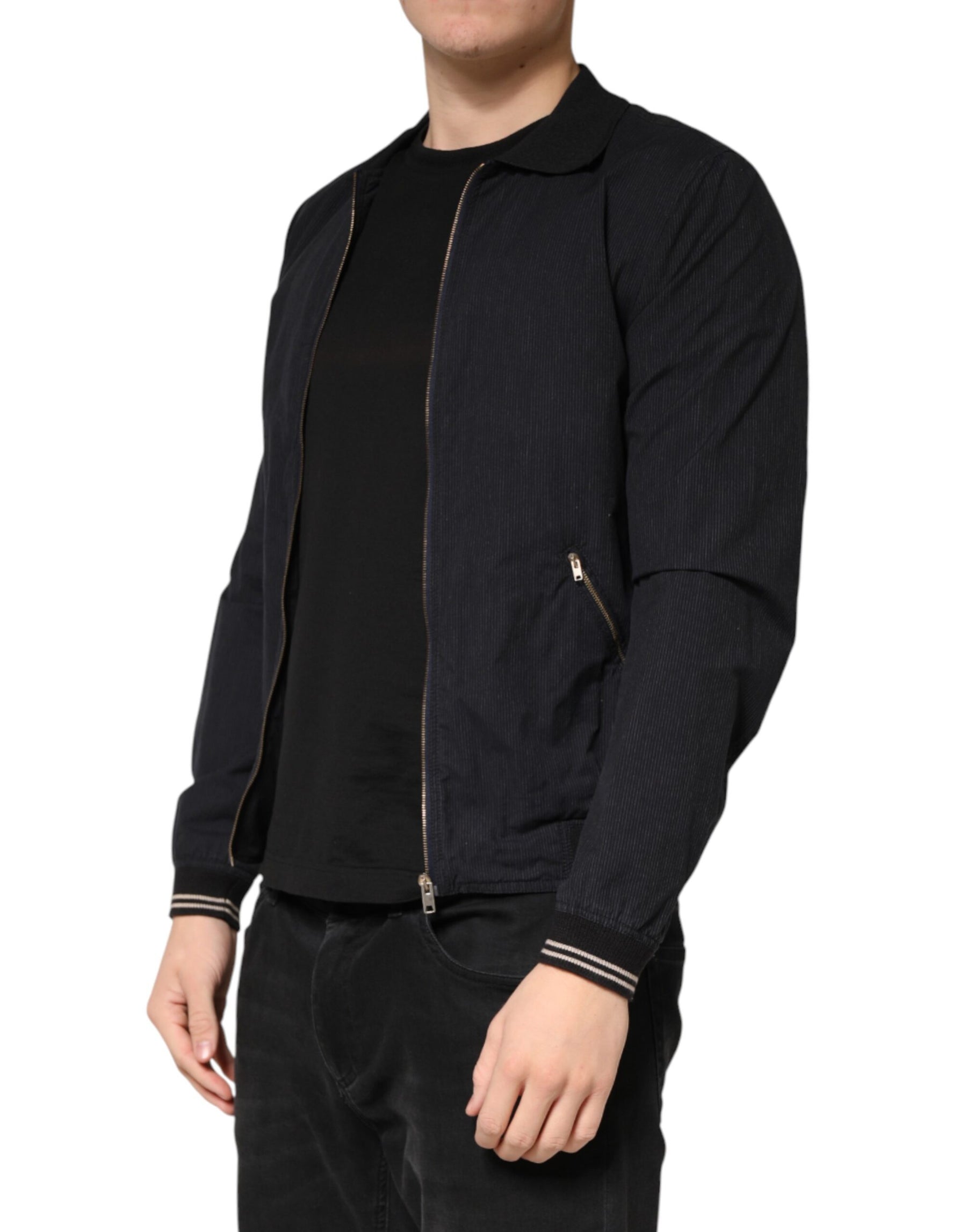 Dolce & Gabbana Dark Blue Cotton Full Zip Bomber Men Jacket | Regal Royce